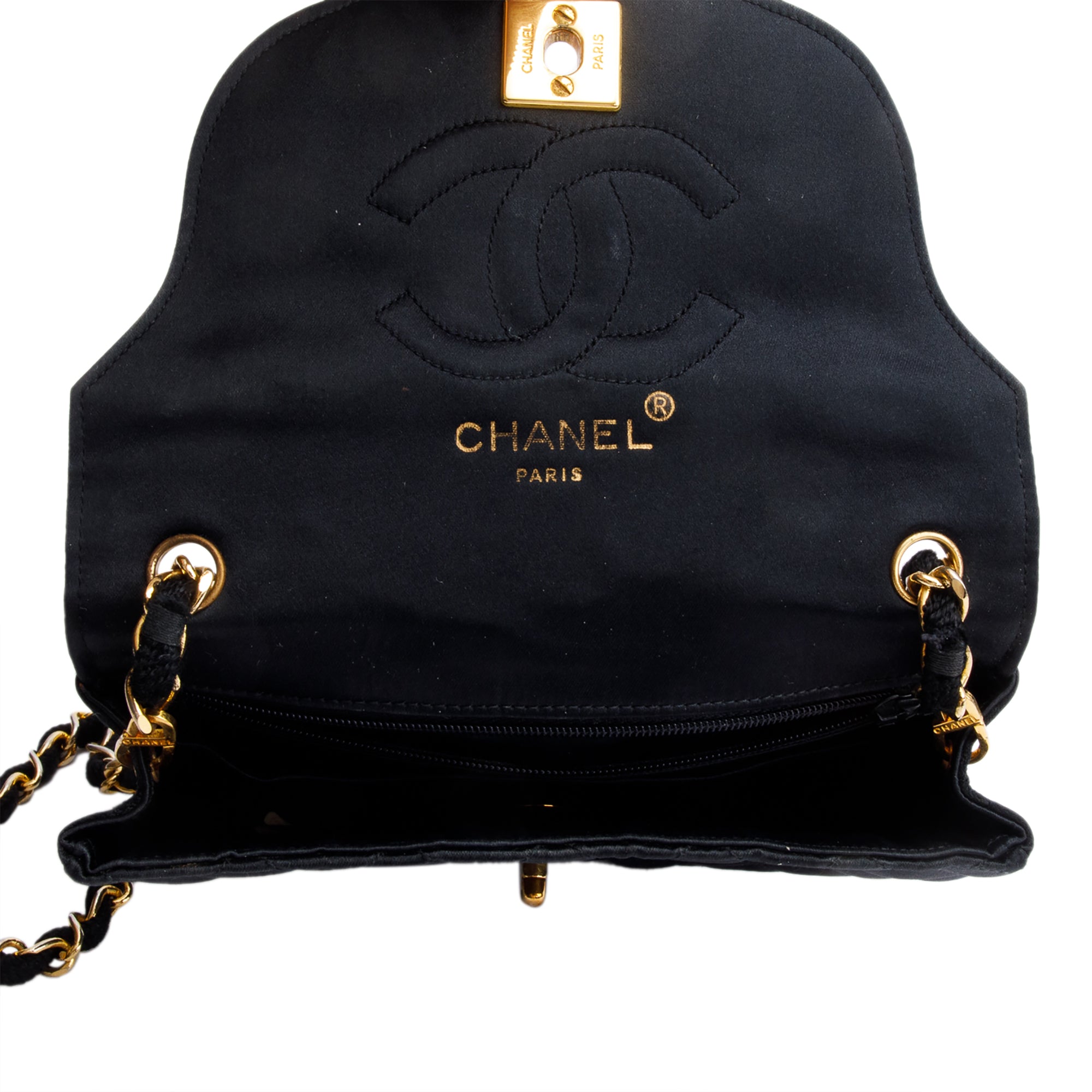 Chanel Vintage Black Quilted Satin Half Moon Flap Bag w/ Box