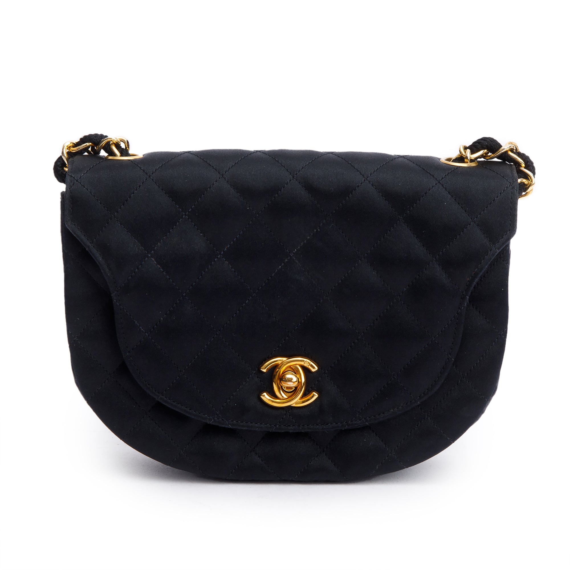 Chanel Vintage Black Quilted Satin Half Moon Flap Bag w/ Box