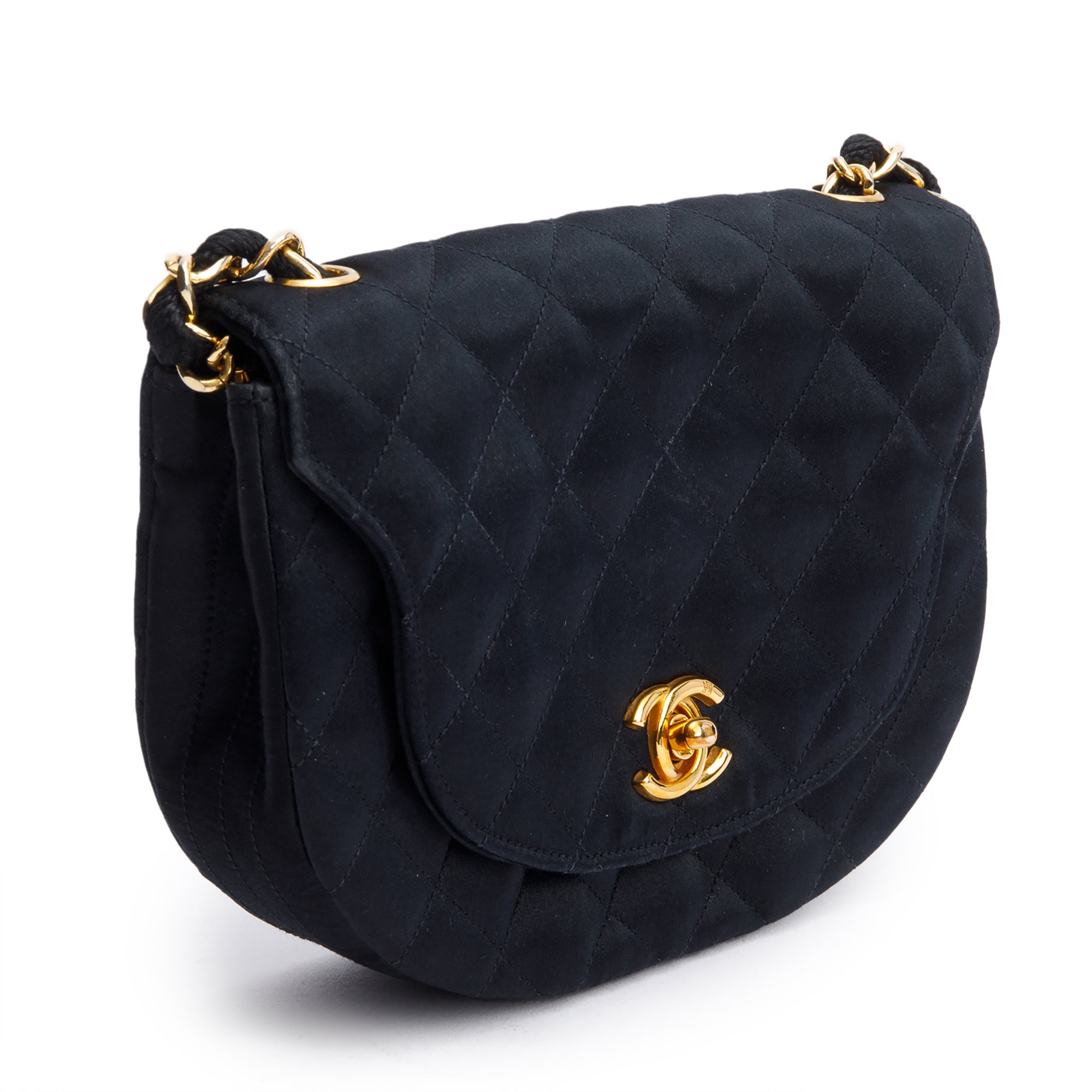 Chanel Vintage Black Quilted Satin Half Moon Flap Bag w/ Box