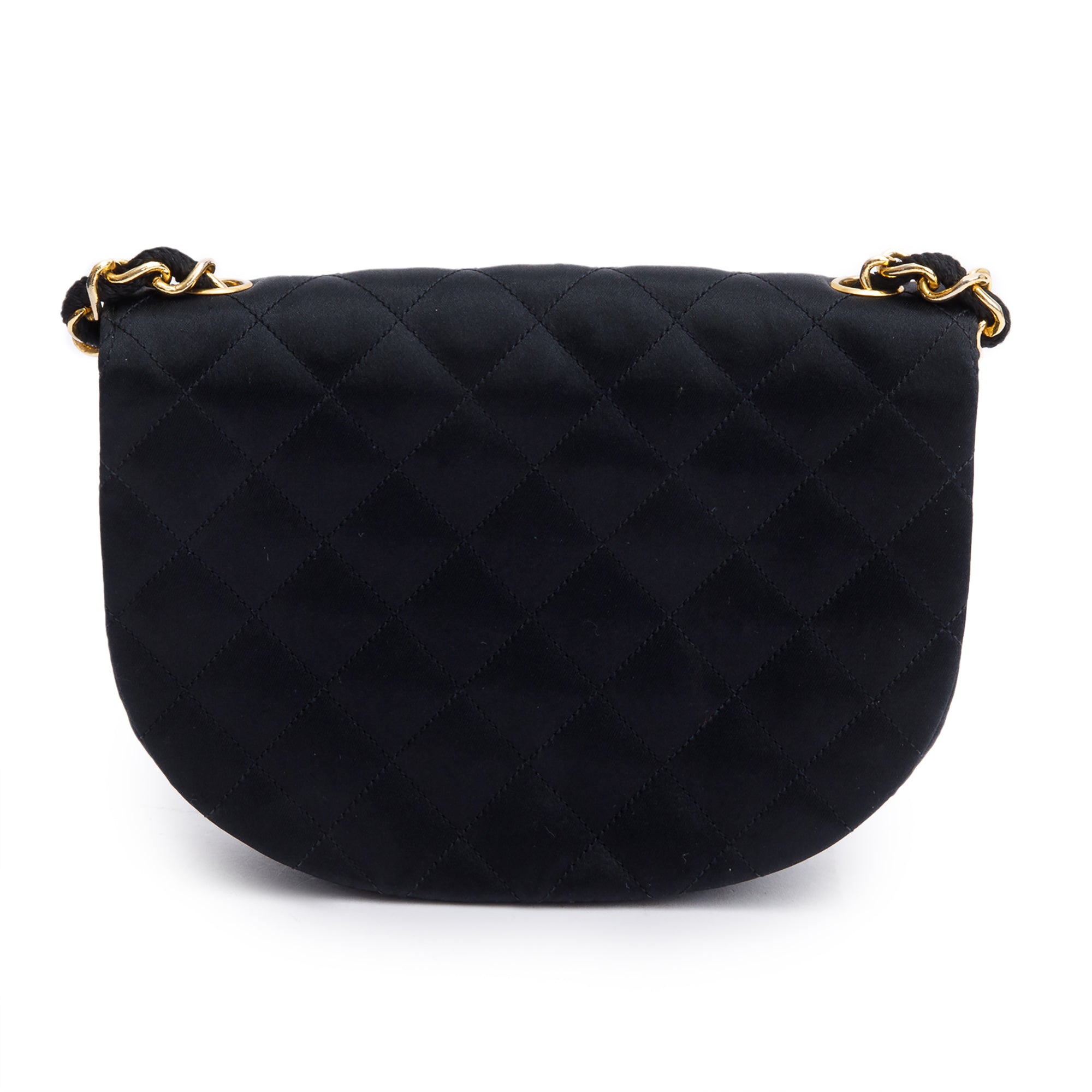 Chanel Vintage Black Quilted Satin Half Moon Flap Bag w/ Box