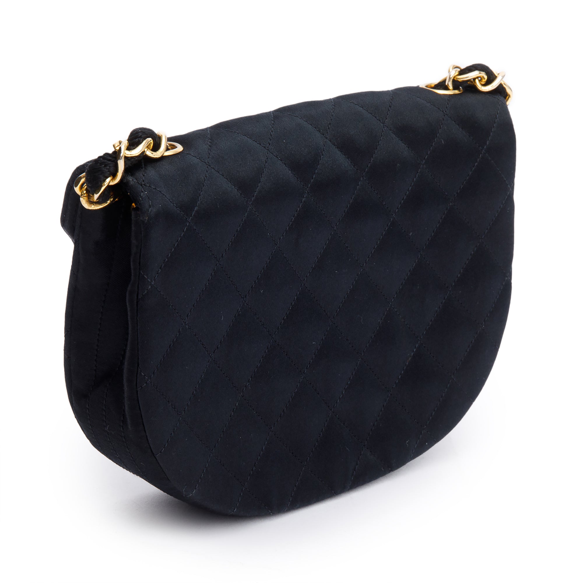 Chanel Vintage Black Quilted Satin Half Moon Flap Bag w/ Box