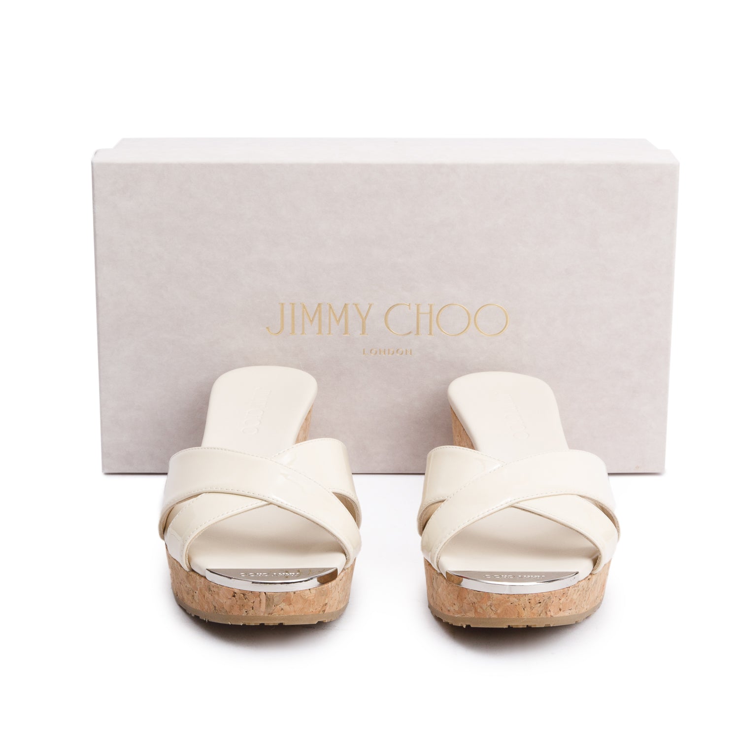 Jimmy Choo Neutral Patent Leather Panna Cork Wedge Sandals, Size 37 w/ Box