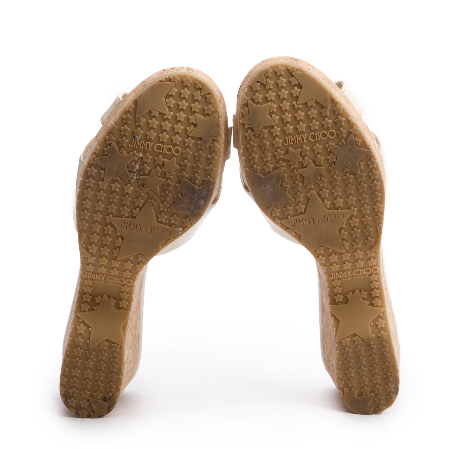 Jimmy Choo Neutral Patent Leather Panna Cork Wedge Sandals, Size 37 w/ Box