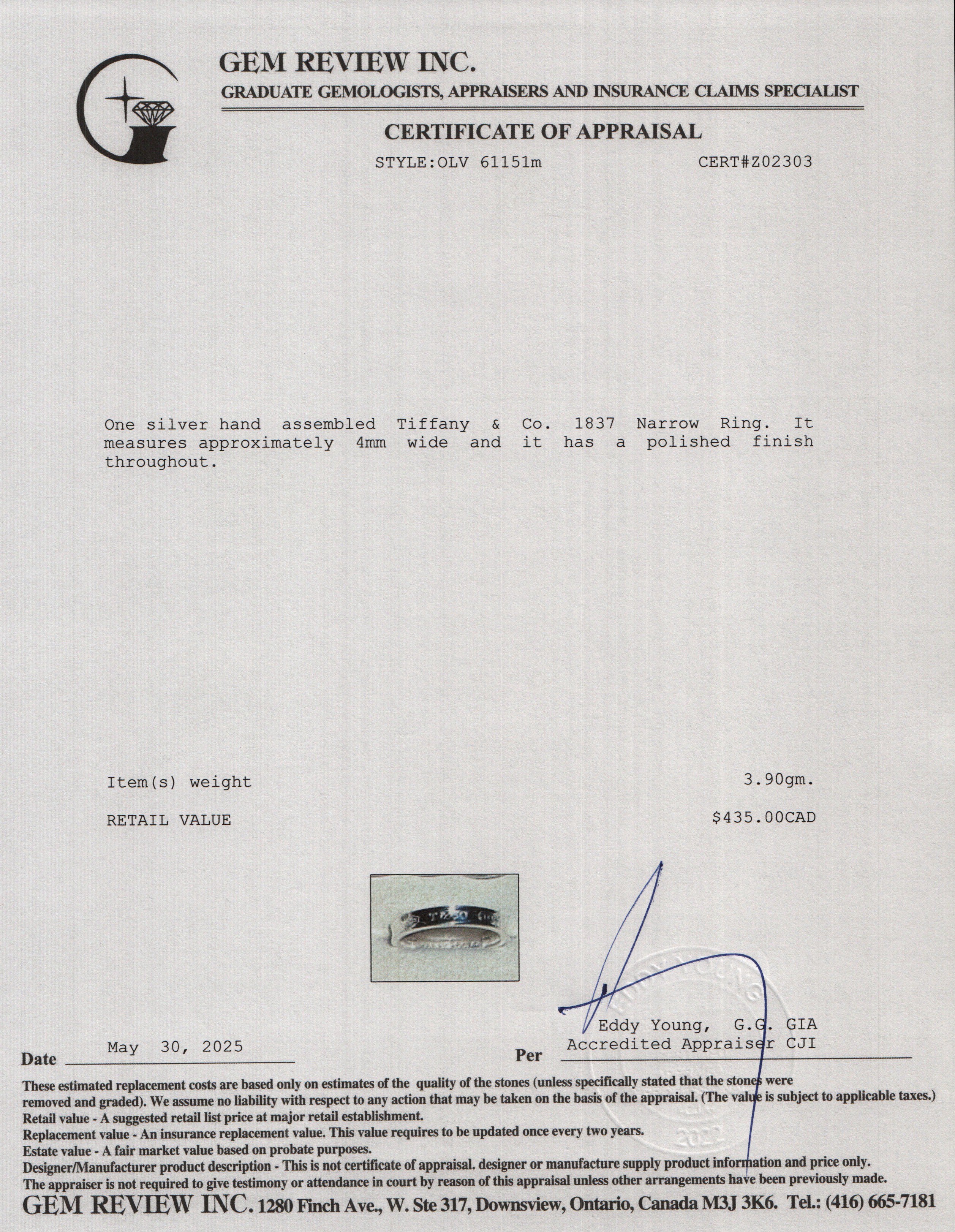 Tiffany & Co. Sterling Silver 1837 Narrow Ring, Size 6.25