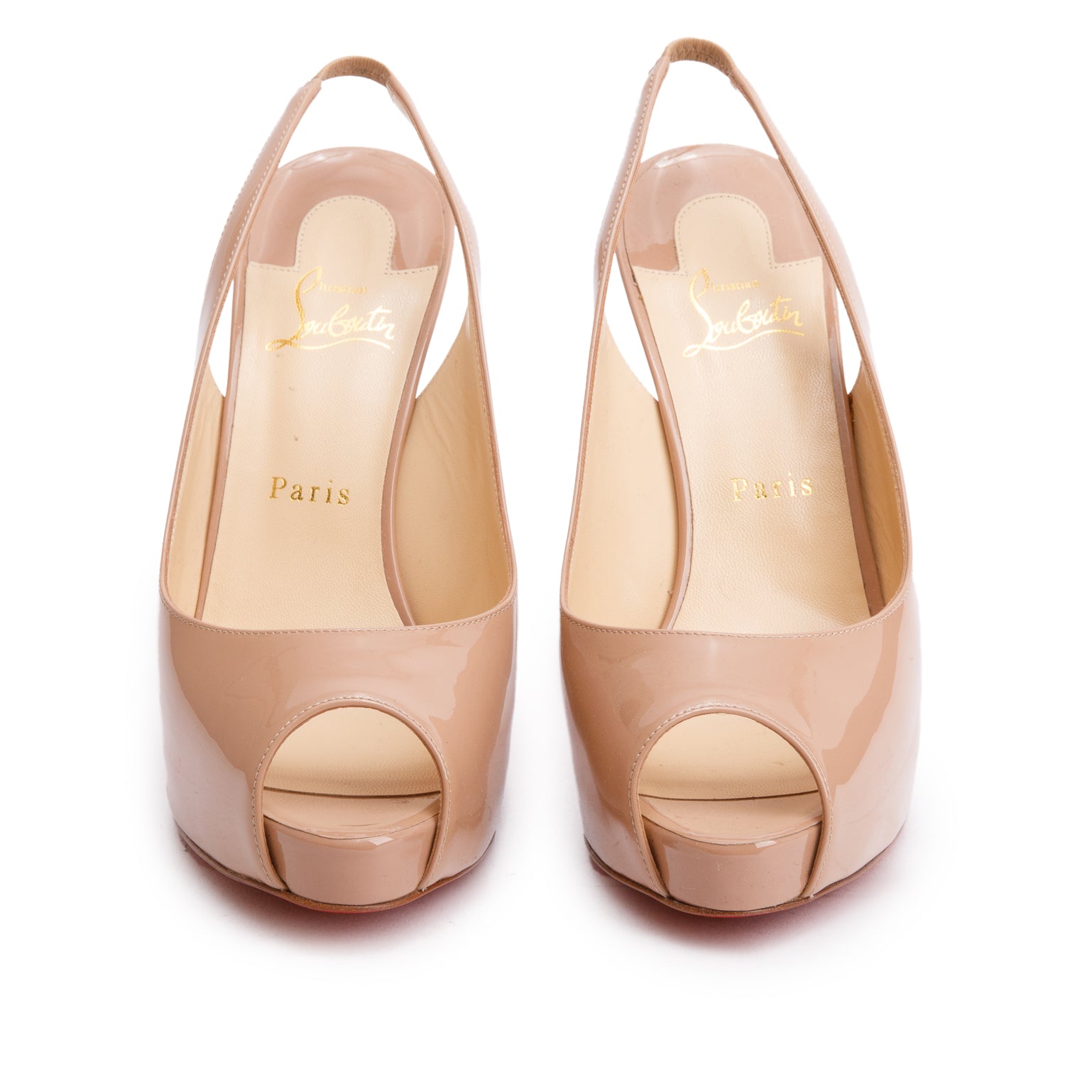 Christian Louboutin Beige Patent Leather Georgette Slingback Pumps, Size 39 w/ Box
