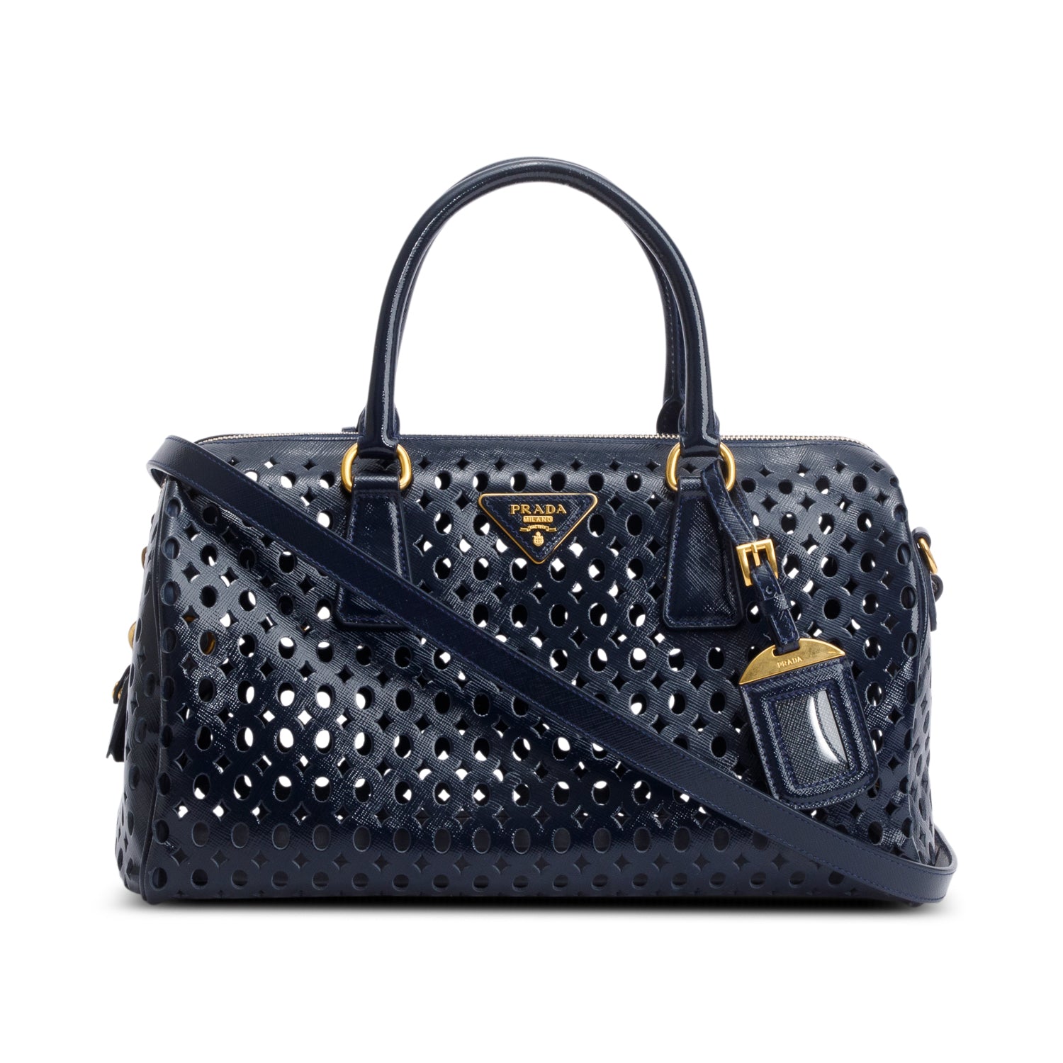 Prada Blue Saffiano Vernice Leather Fori Bauletto w/ Strap