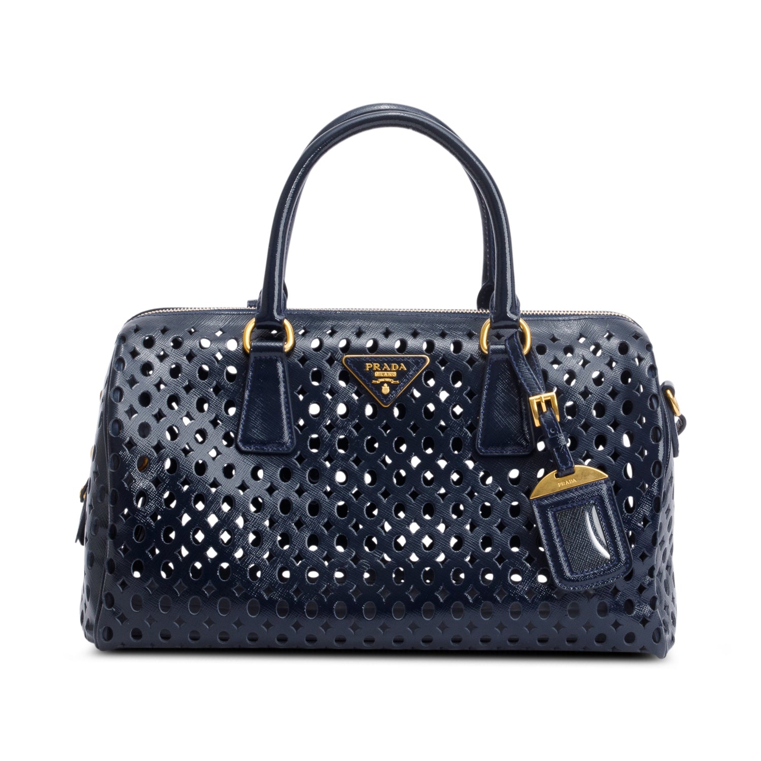 Prada Blue Saffiano Vernice Leather Fori Bauletto w/ Strap