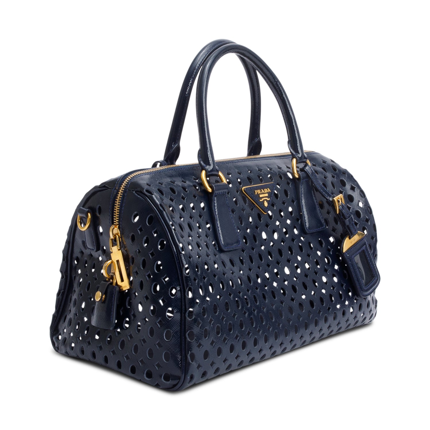 Prada Blue Saffiano Vernice Leather Fori Bauletto w/ Strap