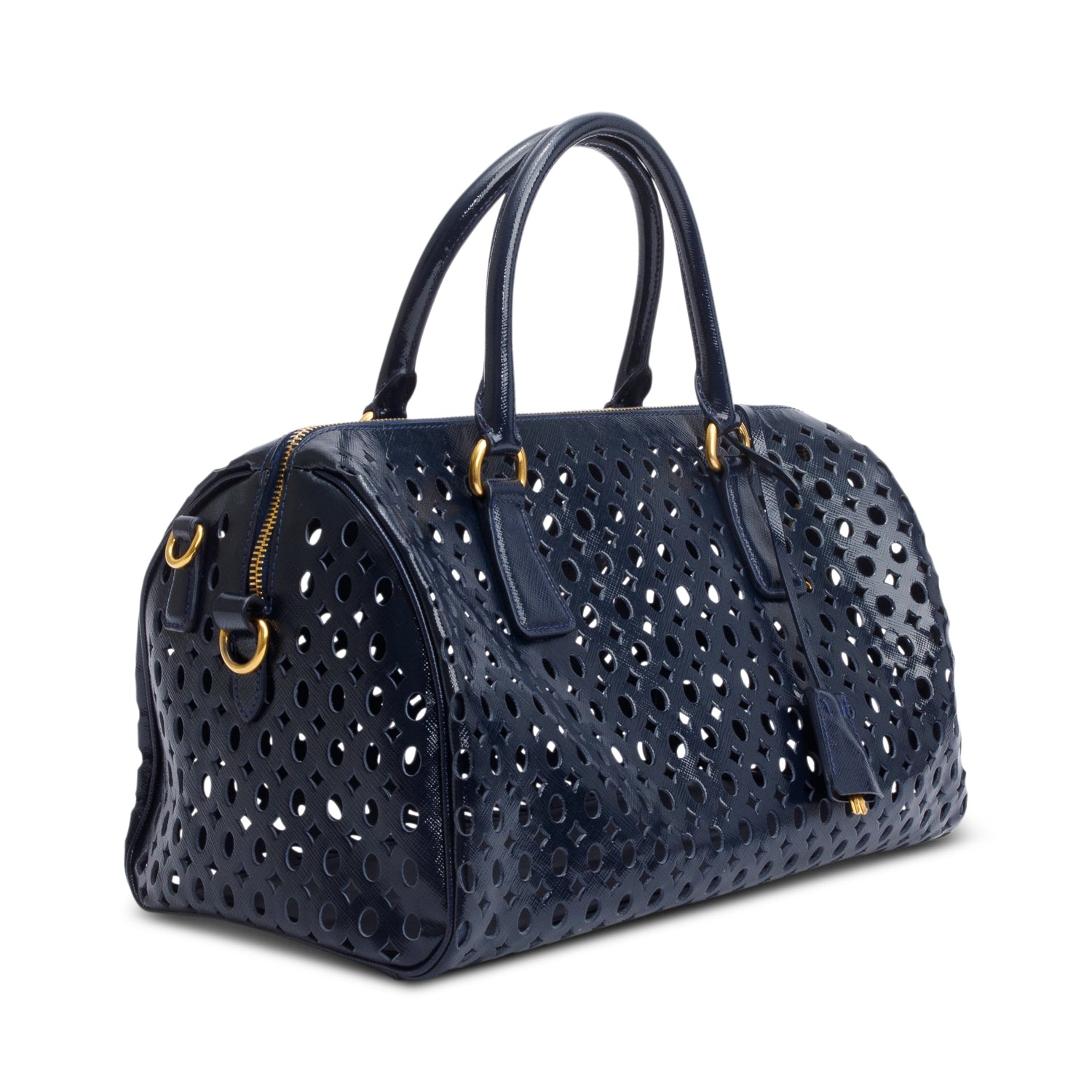 Prada Blue Saffiano Vernice Leather Fori Bauletto w/ Strap