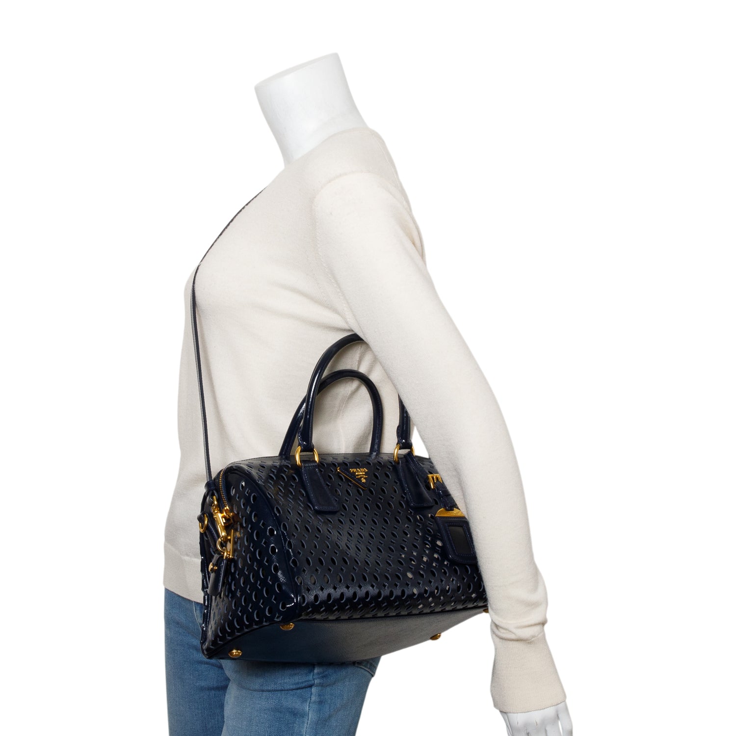 Prada Blue Saffiano Vernice Leather Fori Bauletto w/ Strap