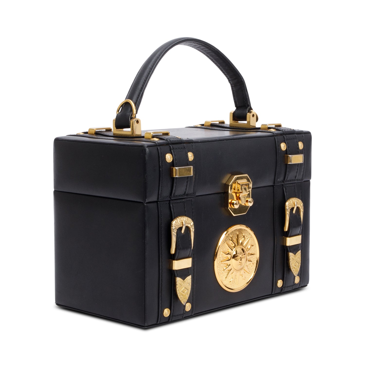 Versace Black Calfskin Leather Sunburst Vanity Train Case w/ Strap