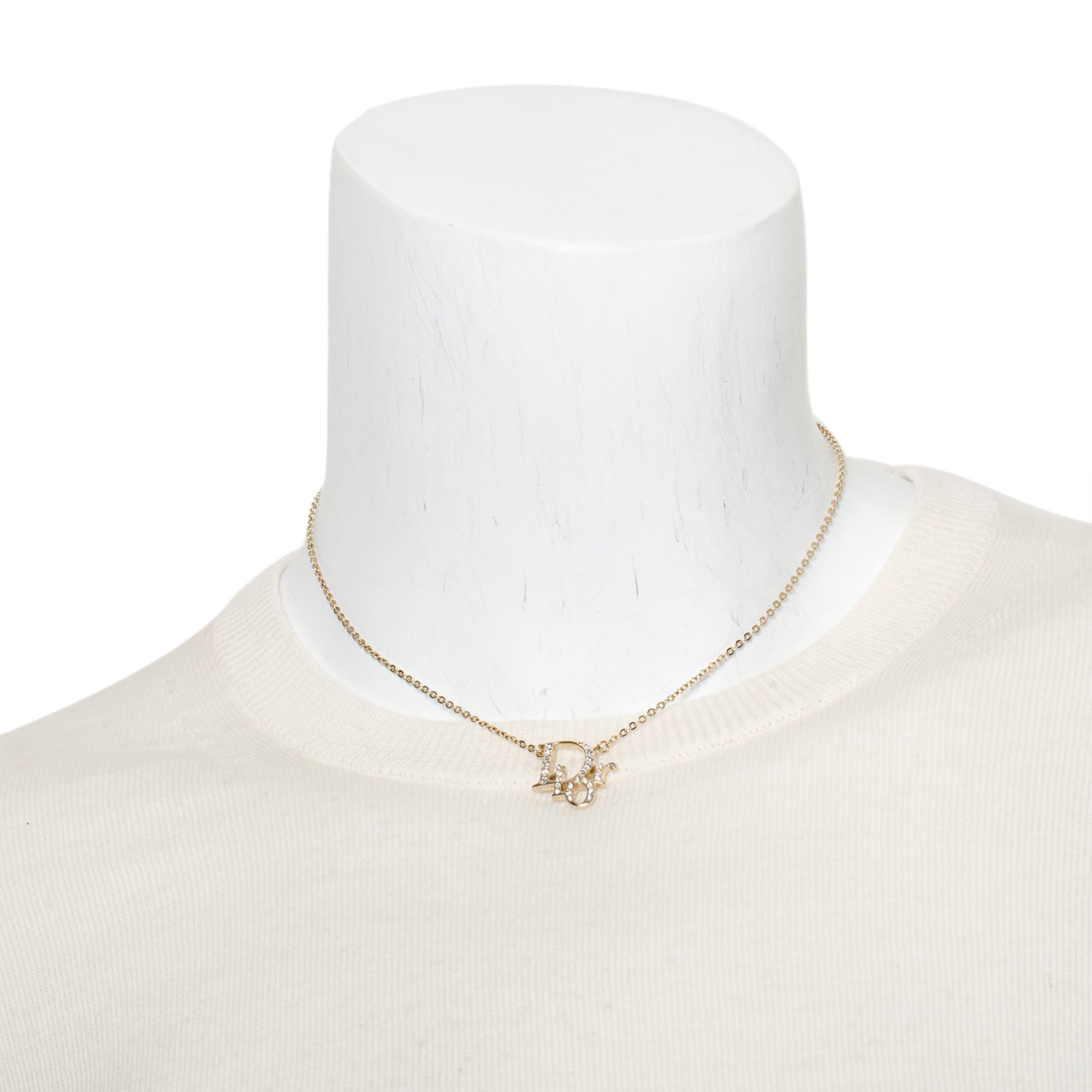 Christian Dior Gold Plated Crystal Logo Pendant Necklace