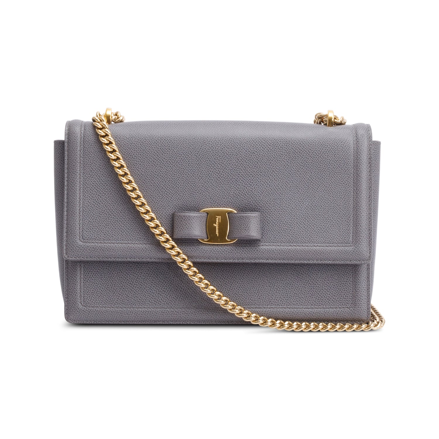 Ferragamo Grey Calfskin Leather Medium Ginny Bow Flap Bag