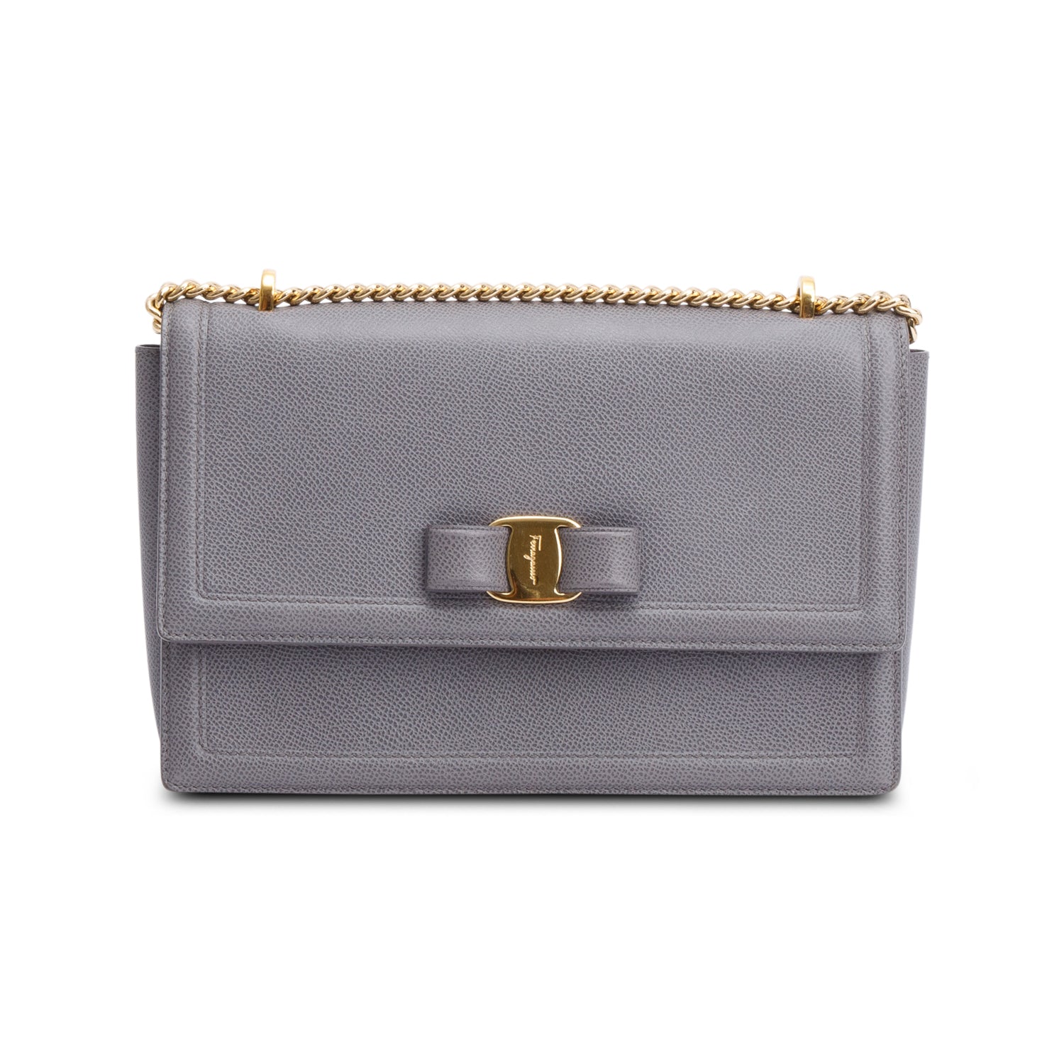 Ferragamo Grey Calfskin Leather Medium Ginny Bow Flap Bag