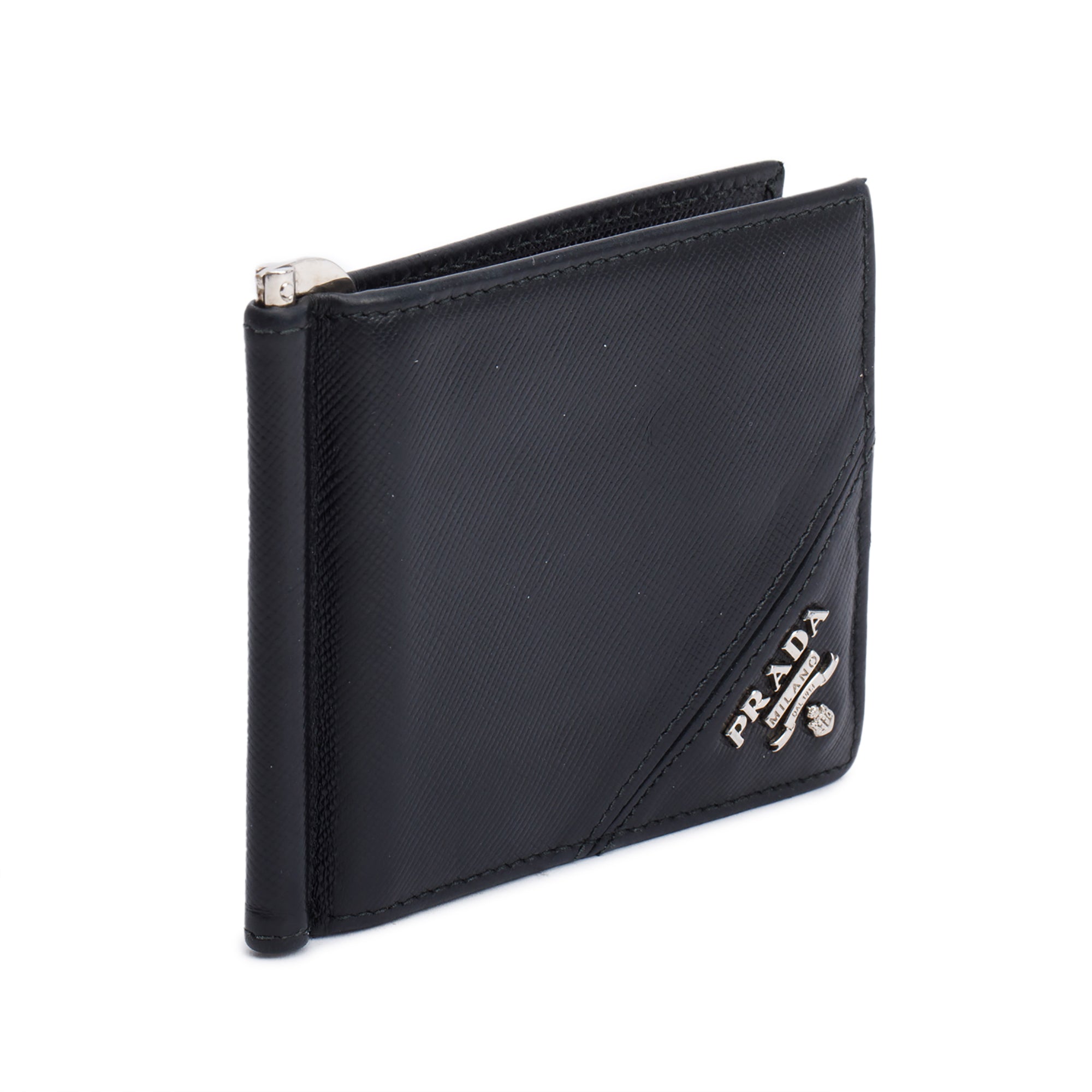 Prada Black Saffiano Metal Money Clip Bifold Wallet