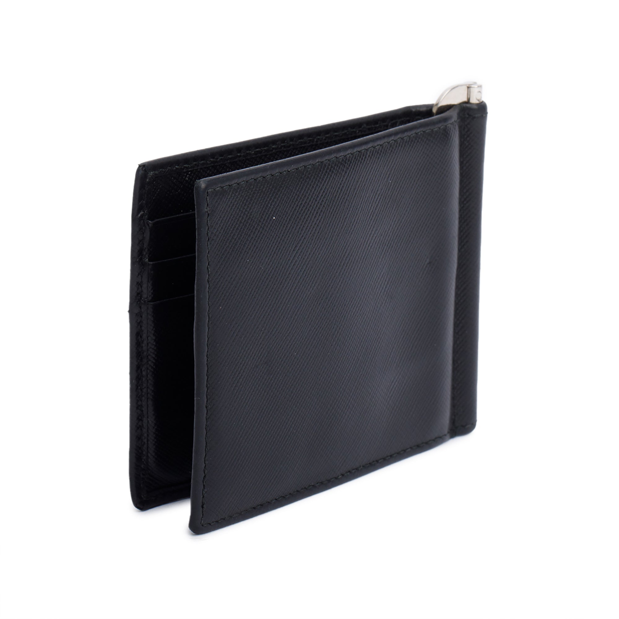 Prada Black Saffiano Metal Money Clip Bifold Wallet