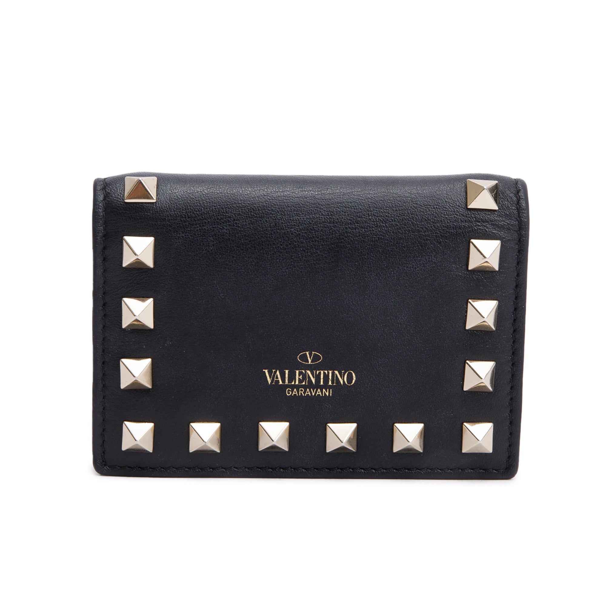 Valentino Black Calfskin Leather Rockstud Flap Card Holder Wallet