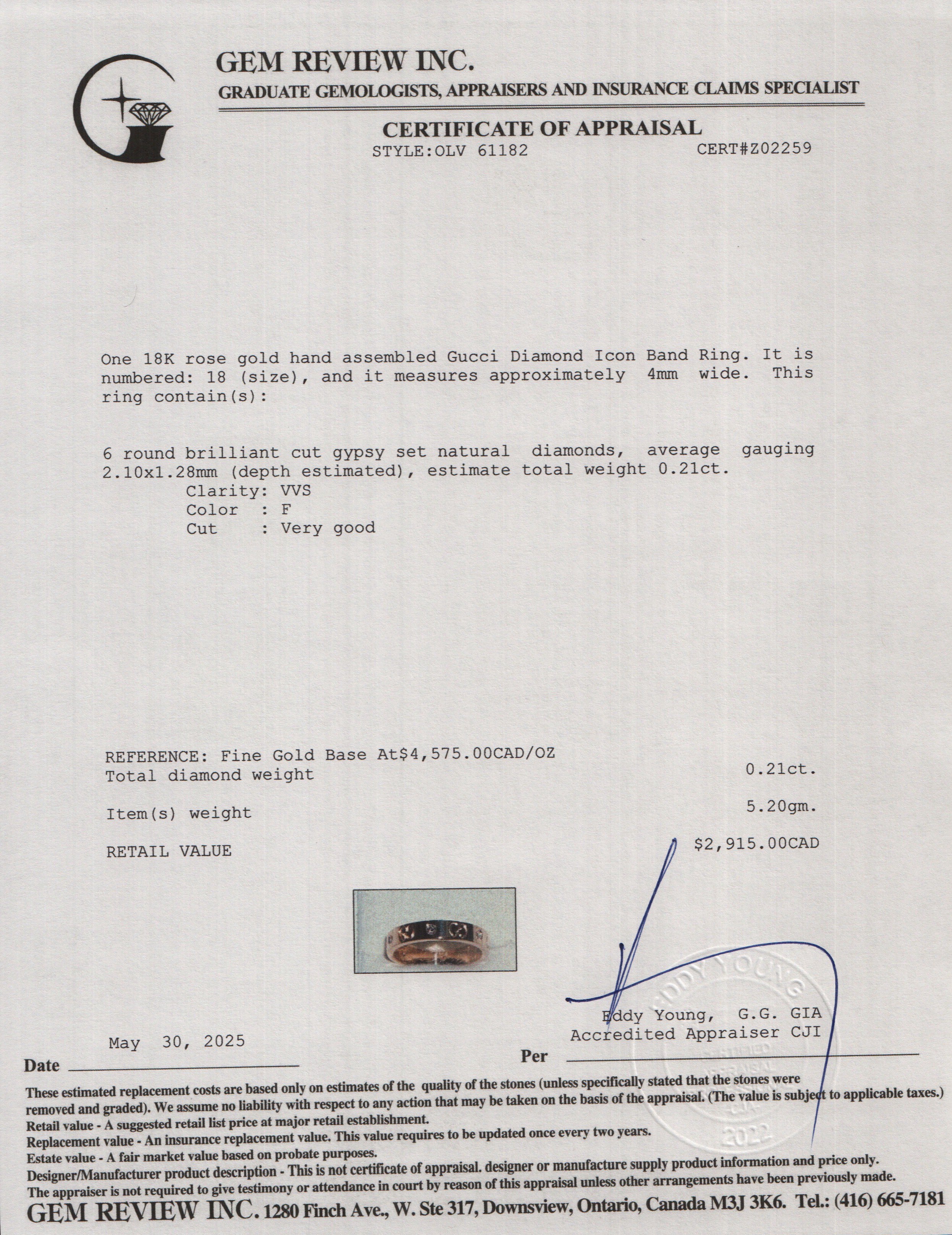 Gucci 18k Rose Gold Diamond Icon Band Ring, Size 18 8.25 w/ Box