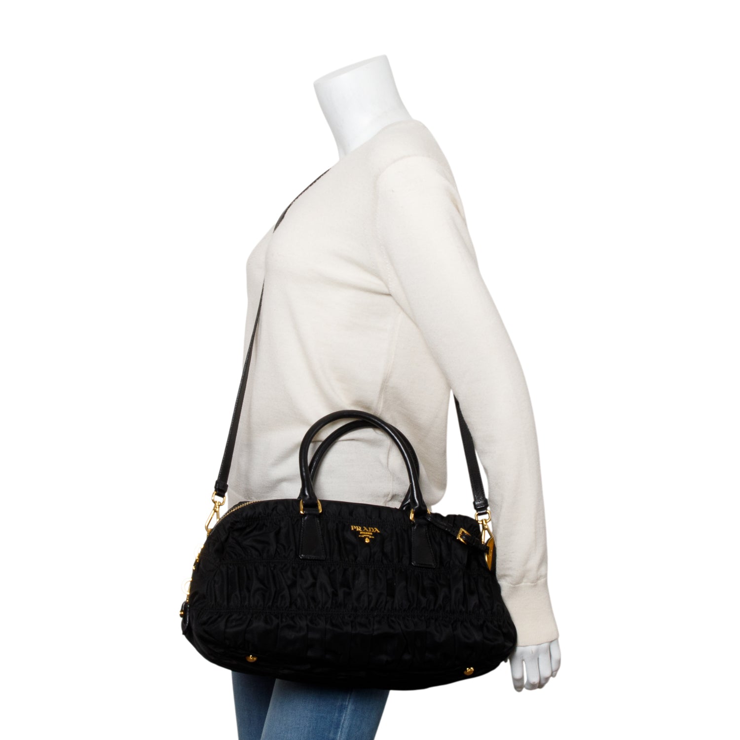 Prada Black Leather-Trimmed Tessuto Gaufre Tote w/ Strap