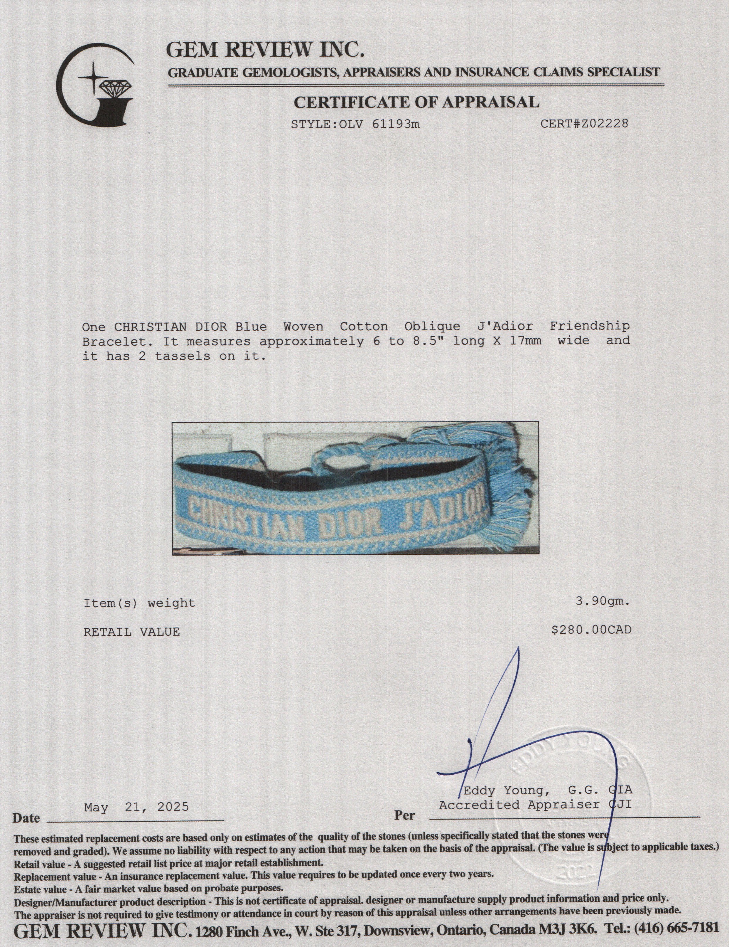 Christian Dior Blue Woven Cotton Oblique J'Adior Friendship Bracelet w/ Box