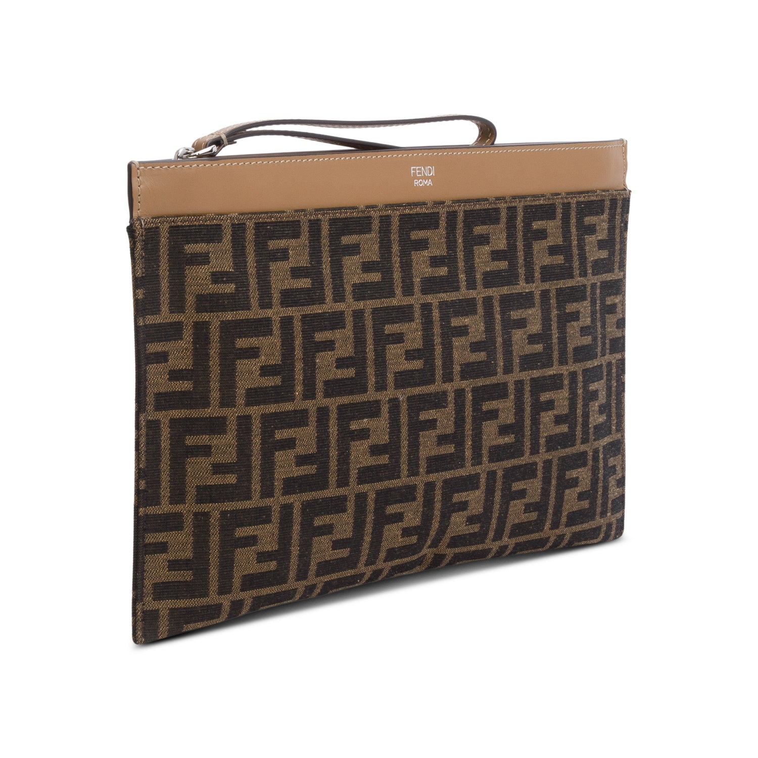 Fendi Brown FF Zucca Canvas Beige Leather Large Flat Pouch