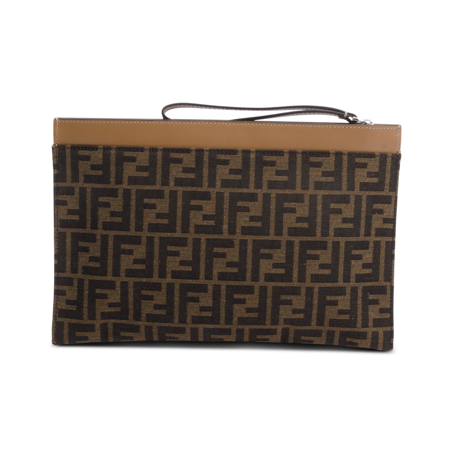 Fendi Brown FF Zucca Canvas Beige Leather Large Flat Pouch
