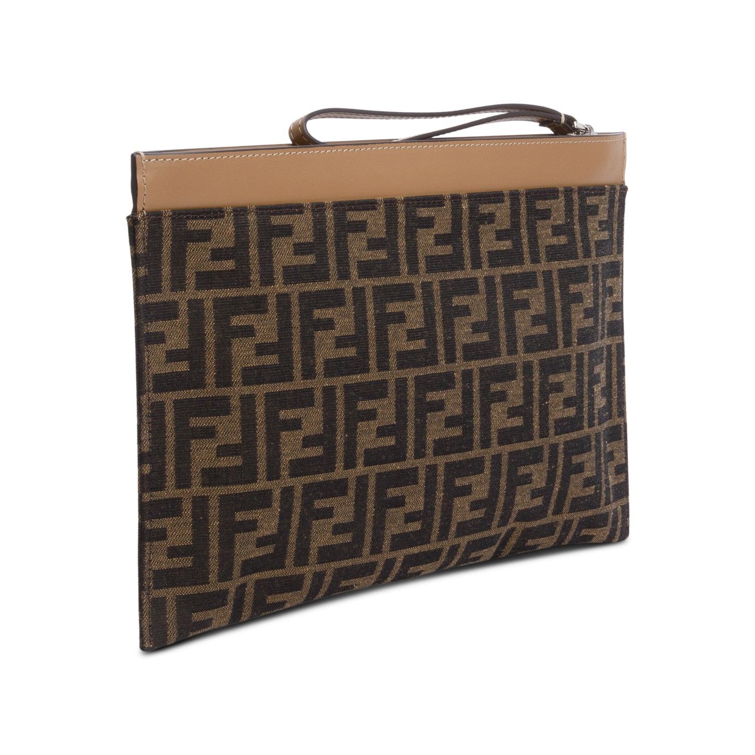 Fendi Brown FF Zucca Canvas Beige Leather Large Flat Pouch