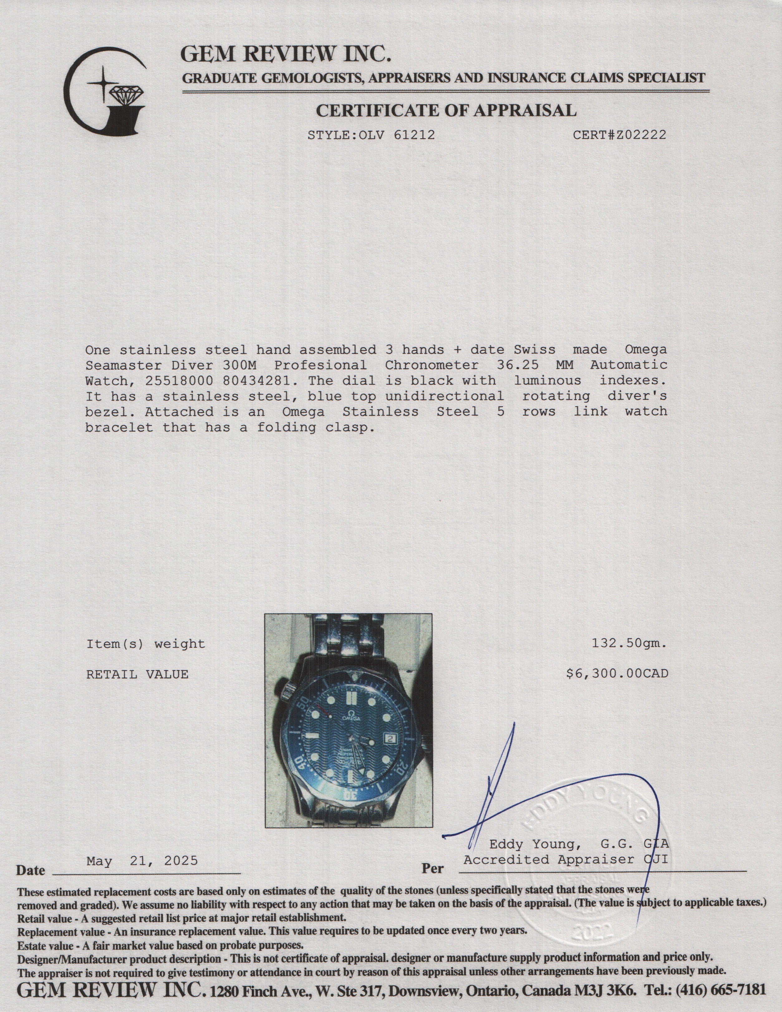 Omega Stainless Steel Seamaster Diver 300M Profesional Chronometer 36.25 MM Automatic Watch w/ Box & Papers