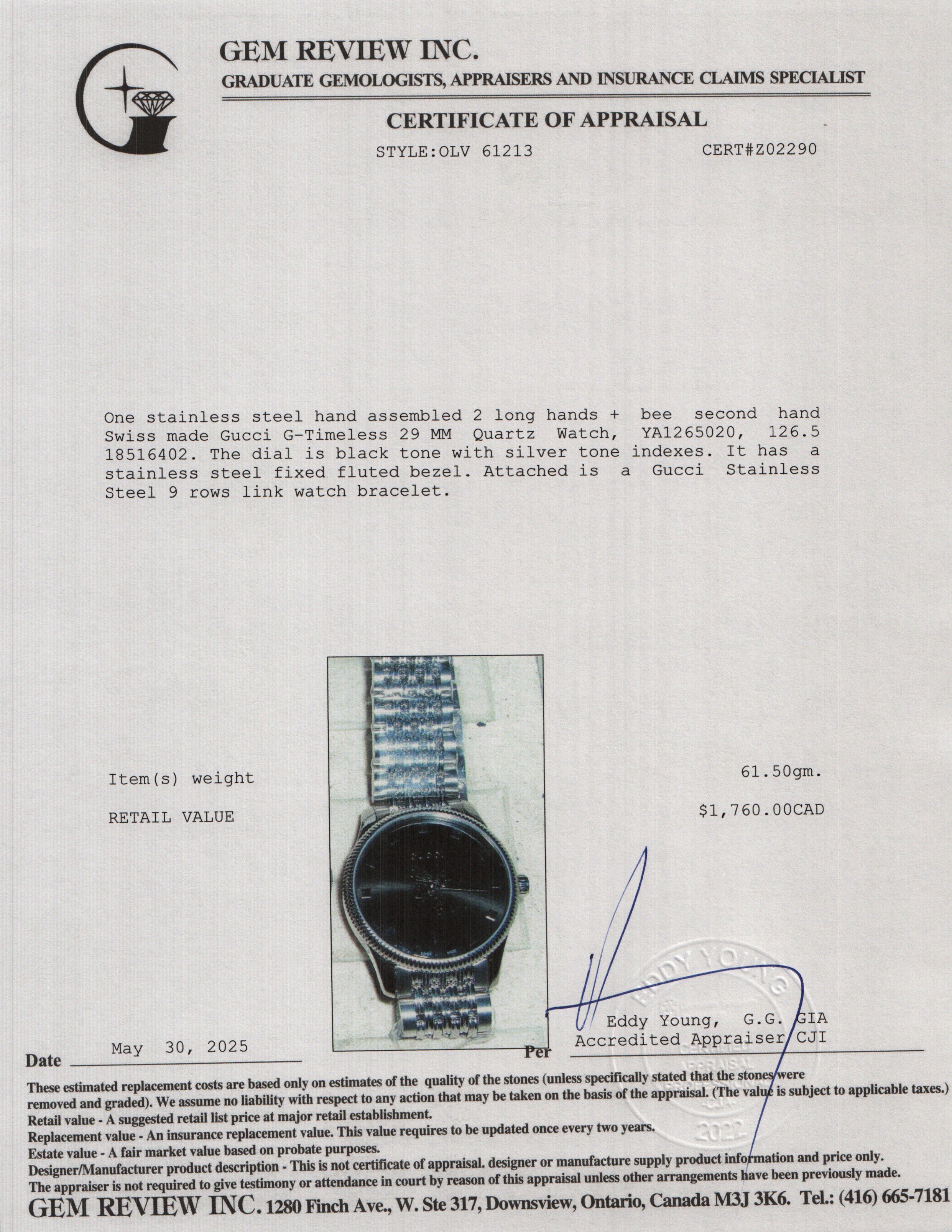 Gucci Stainless Steel G-Timeless 29 MM Quartz Watch Slim Black Bee Dial w/ Box YA1265020