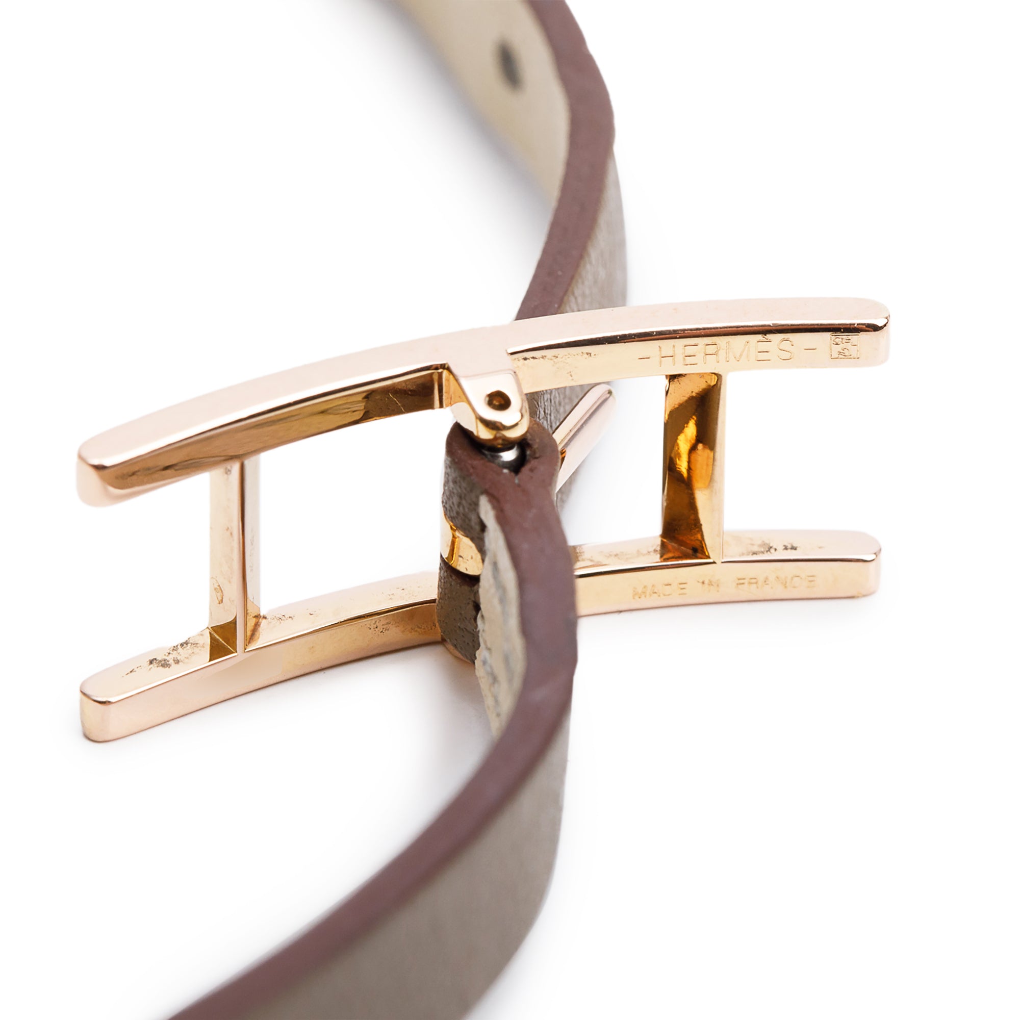 Hermes Gold Plated Etoupe/Nata Leather Behapi Double Tour Bracelet, Size S w/ Box