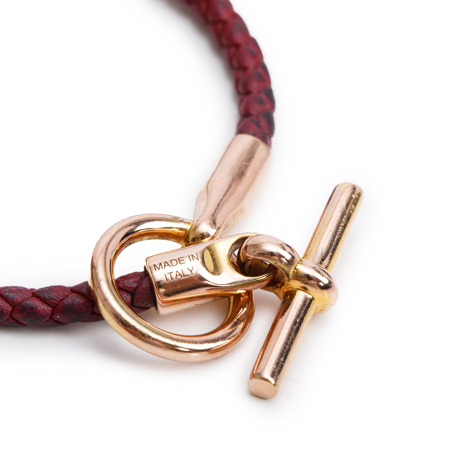Hermes Rose Gold Plated Glenan H Burgundy Braided Calfskin Leather Bracelet