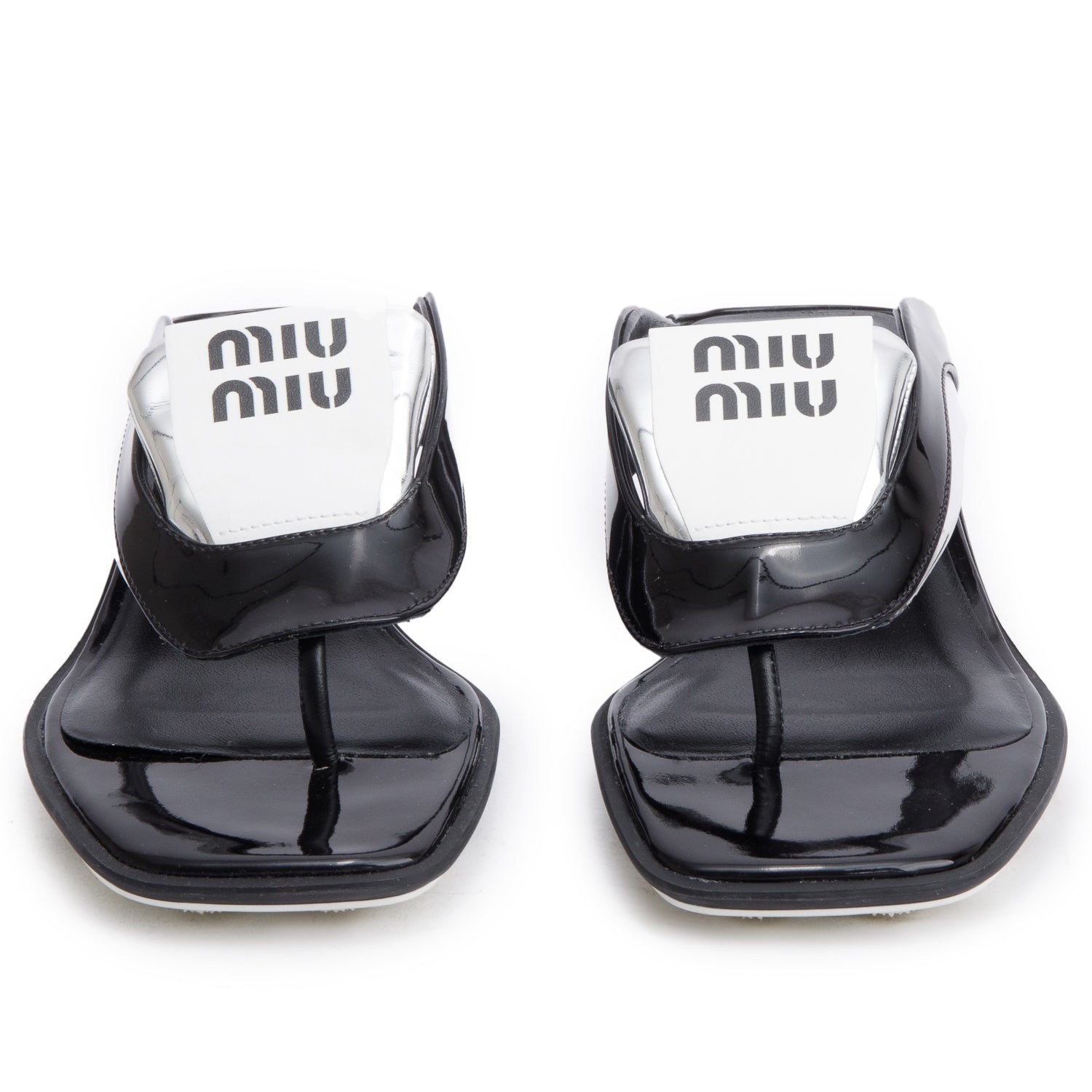 Miu Miu White Black Patent Leather Front Logo Soccer Thong Sandals, Size 35.5