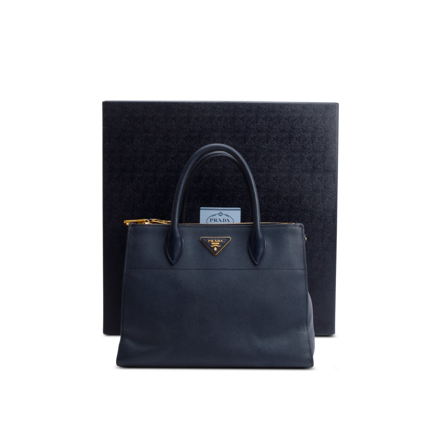 Prada Navy Saffiano & City Calf Leather Medium Greche Paradigme Tote w/ Strap & Box