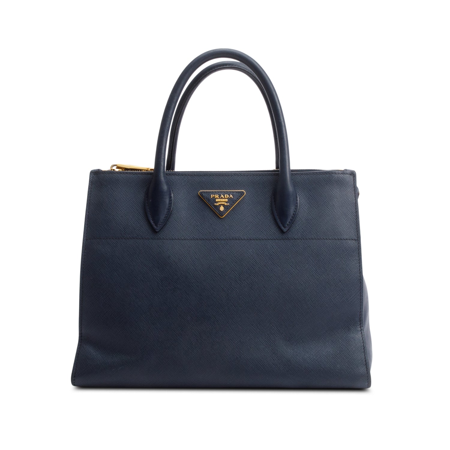 Prada Navy Saffiano & City Calf Leather Medium Greche Paradigme Tote w/ Strap & Box