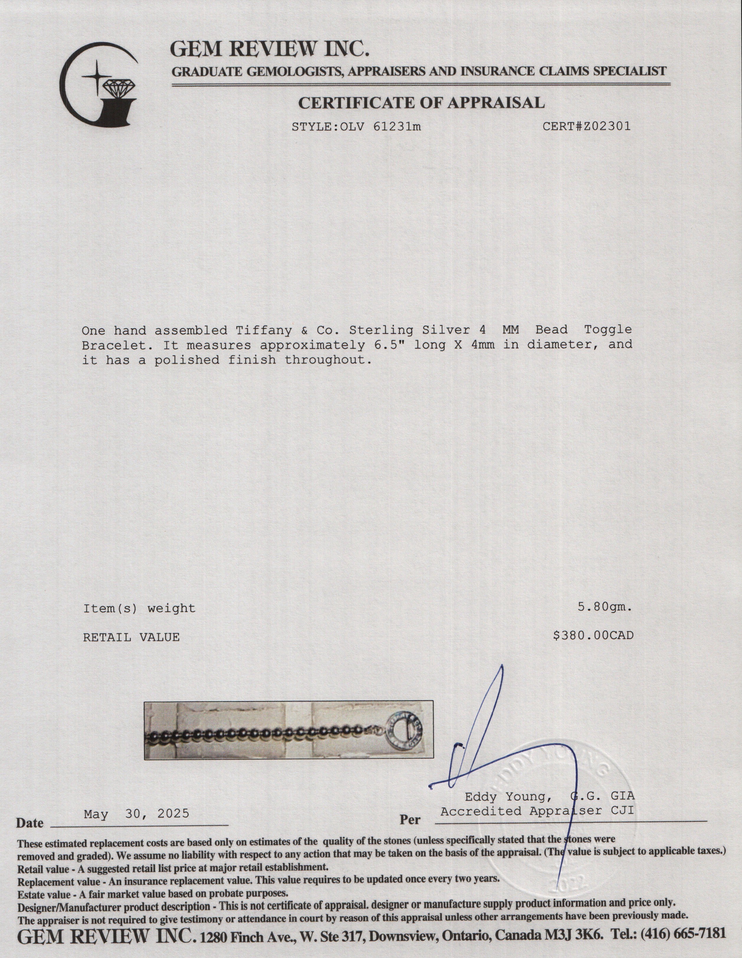 Tiffany & Co. Sterling Silver 4 MM Bead Toggle Bracelet