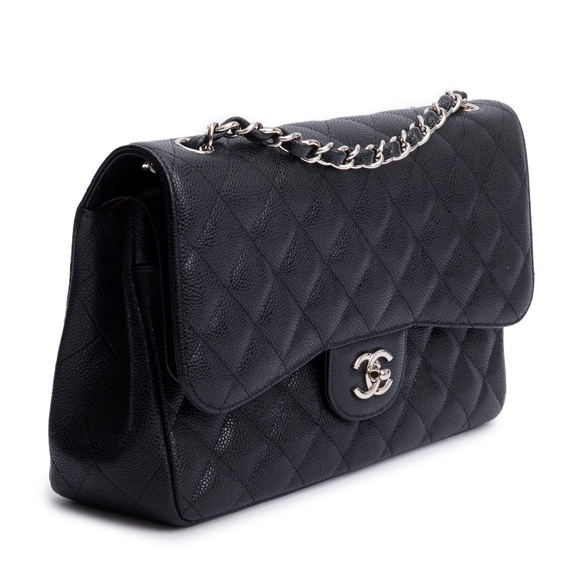 Chanel Black Quilted Caviar Leather Classic Jumbo Double Flap Bag w/ Box