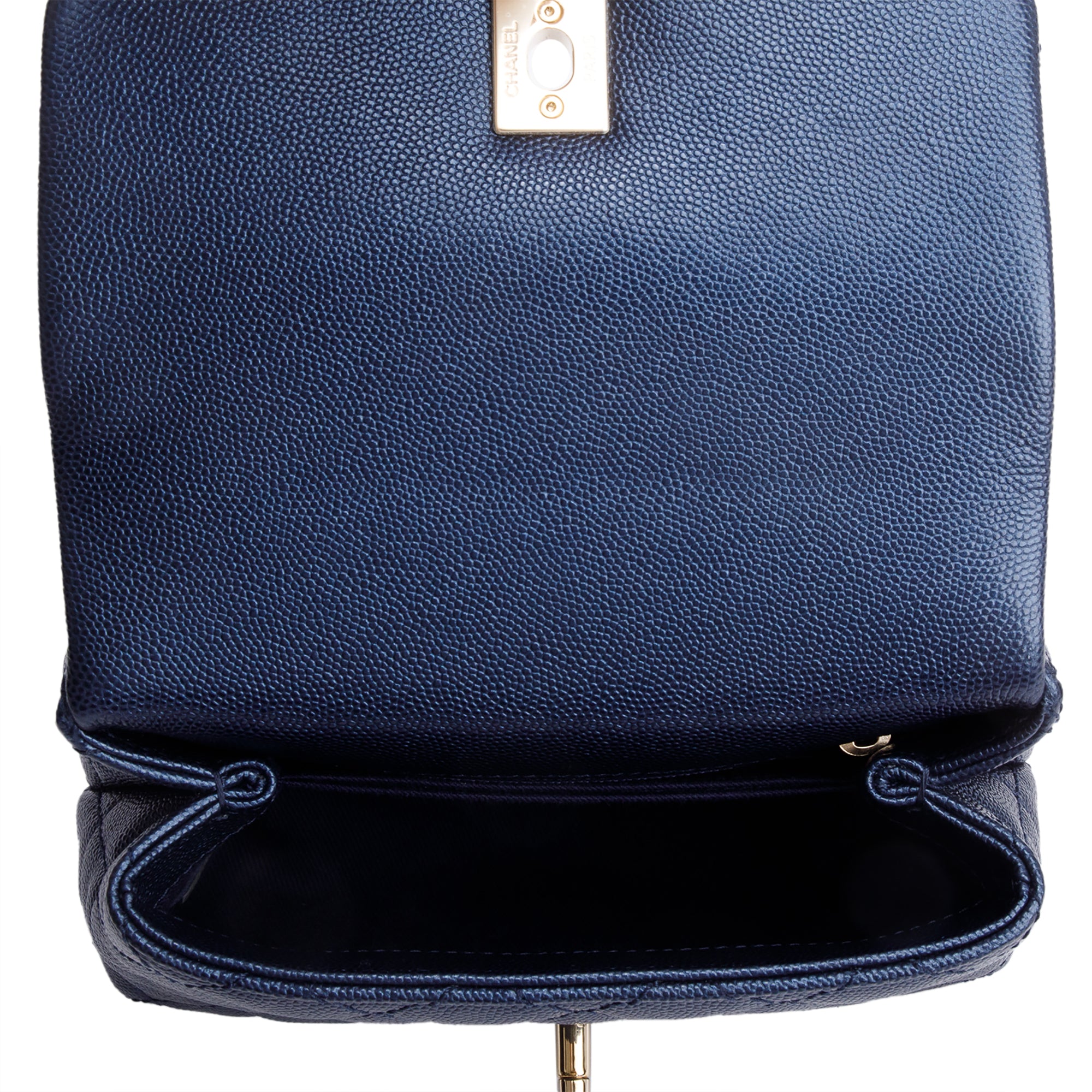 Chanel 2020 Blue Irisdescent Quilted Caviar Leather Mini Coco Top Handle Flap Bag w/ Box & Authenticity Card