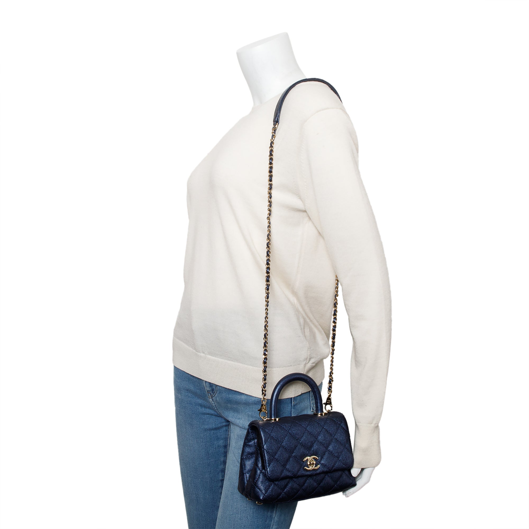 Chanel 2020 Blue Irisdescent Quilted Caviar Leather Mini Coco Top Handle Flap Bag w/ Box & Authenticity Card