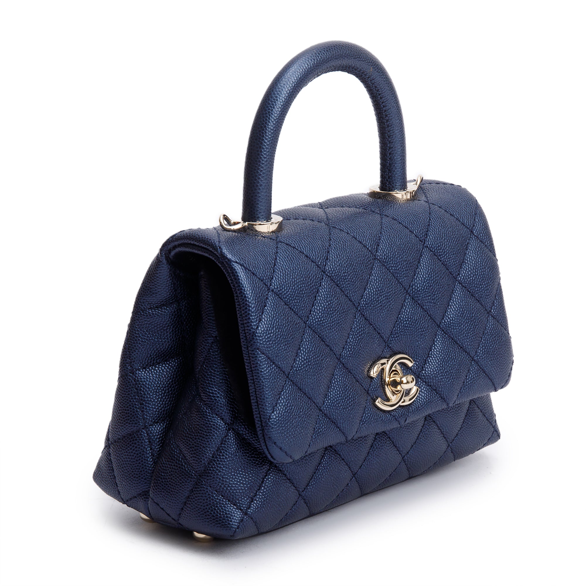 Chanel 2020 Blue Irisdescent Quilted Caviar Leather Mini Coco Top Handle Flap Bag w/ Box & Authenticity Card