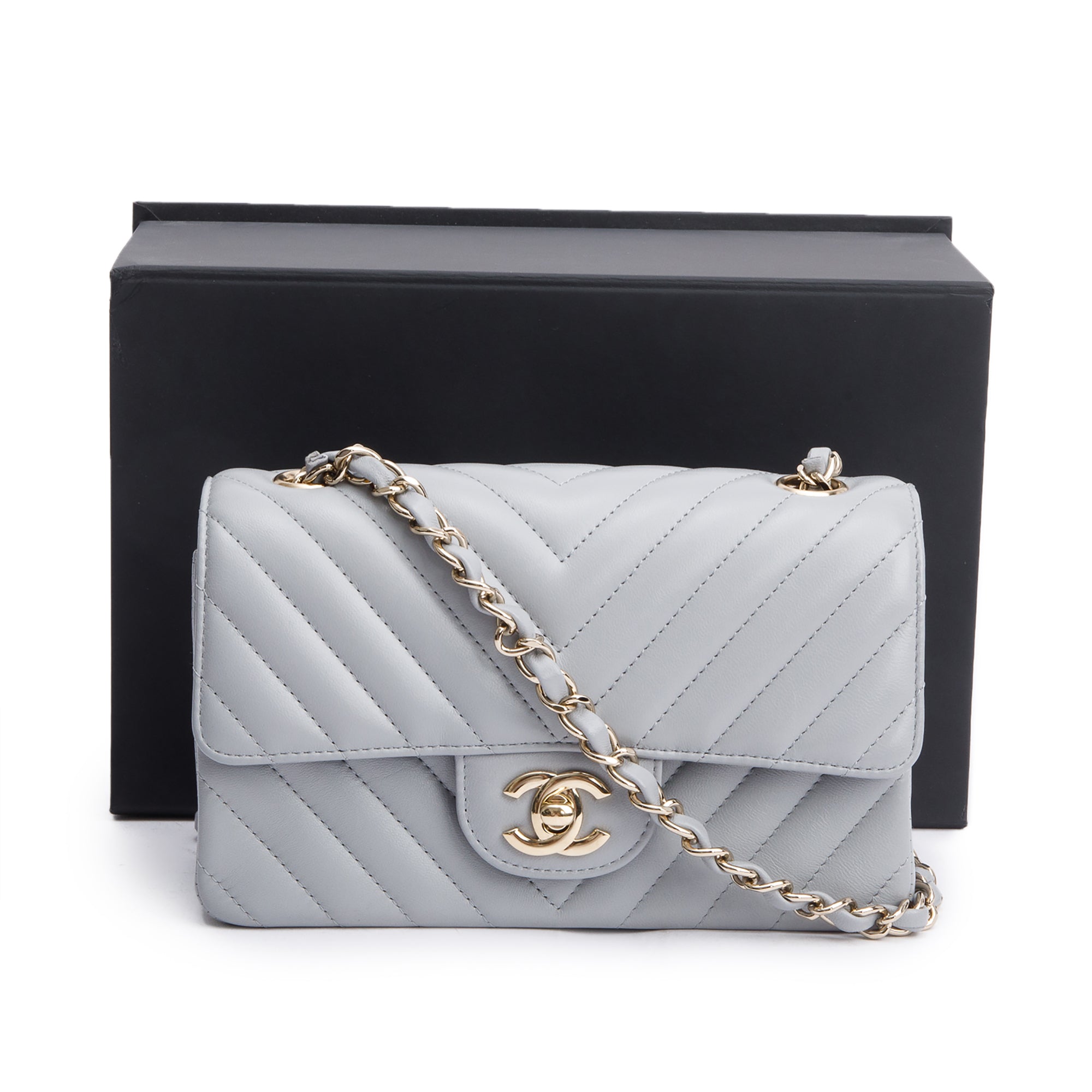 Chanel Grey Chevron Quilted Lambskin Leather Classic Mini Rectangular Flap Bag w/ Box