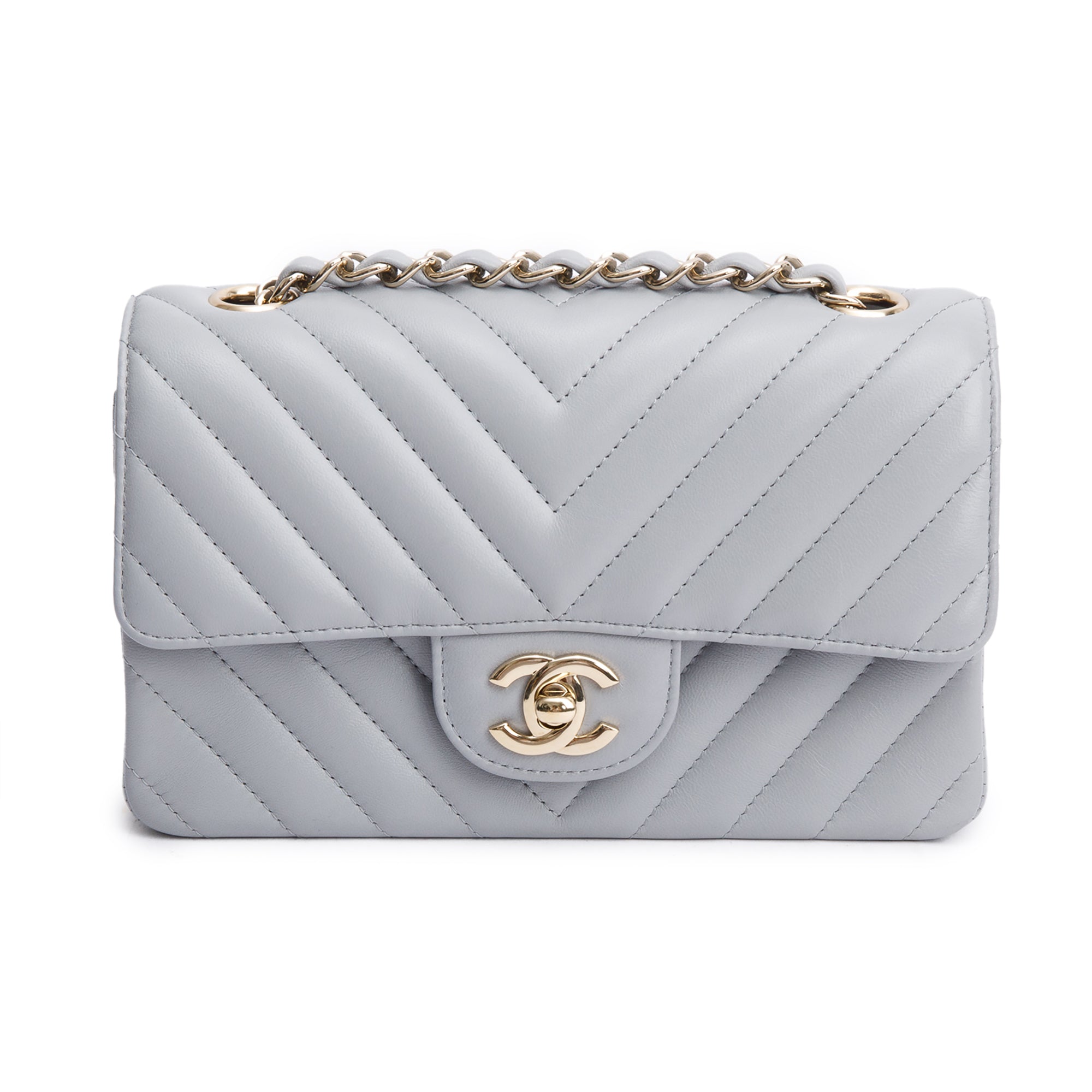 Chanel Grey Chevron Quilted Lambskin Leather Classic Mini Rectangular Flap Bag w/ Box