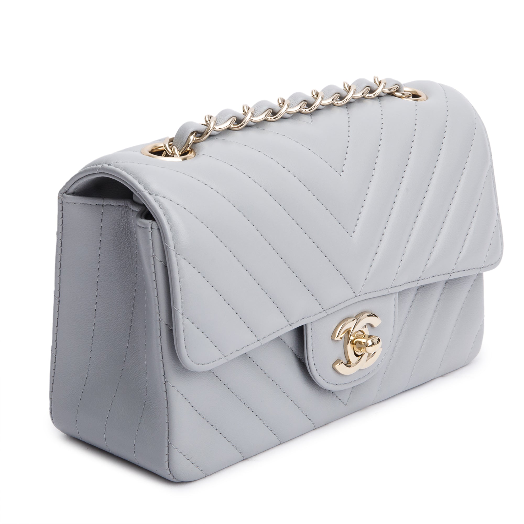 Chanel Grey Chevron Quilted Lambskin Leather Classic Mini Rectangular Flap Bag w/ Box