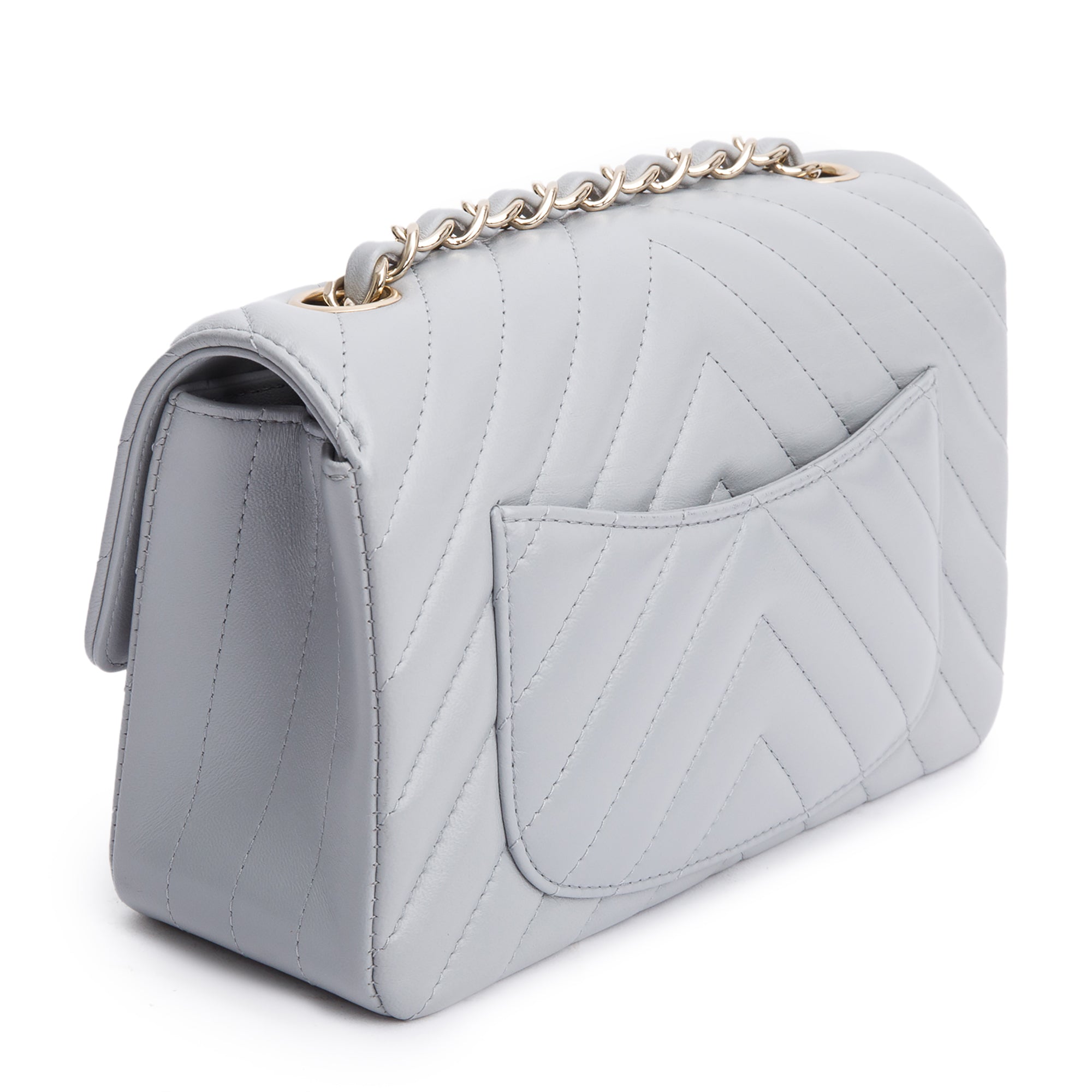 Chanel Grey Chevron Quilted Lambskin Leather Classic Mini Rectangular Flap Bag w/ Box