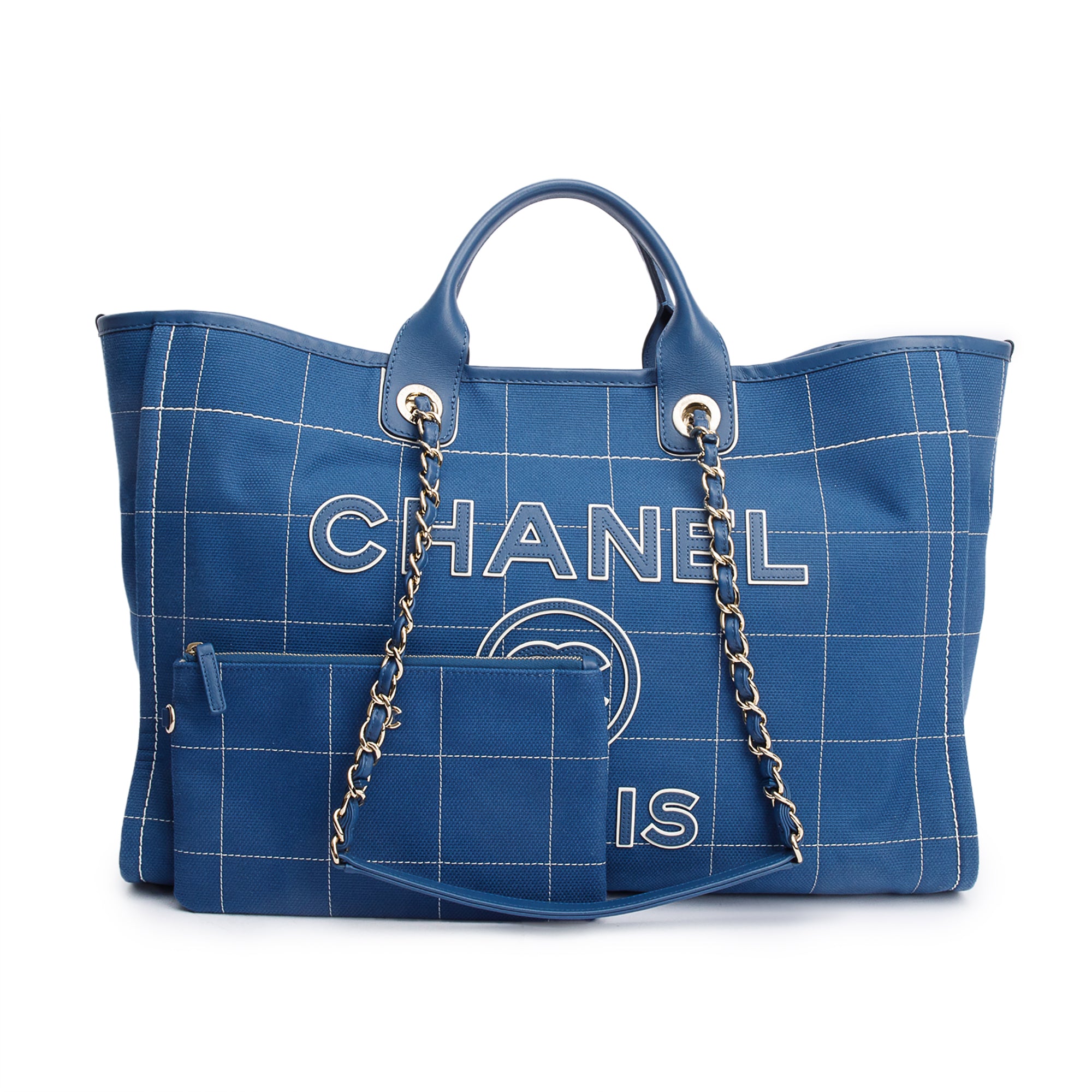 Chanel 2023 Blue Cotton Large Deauville Tote w/ Pouch
