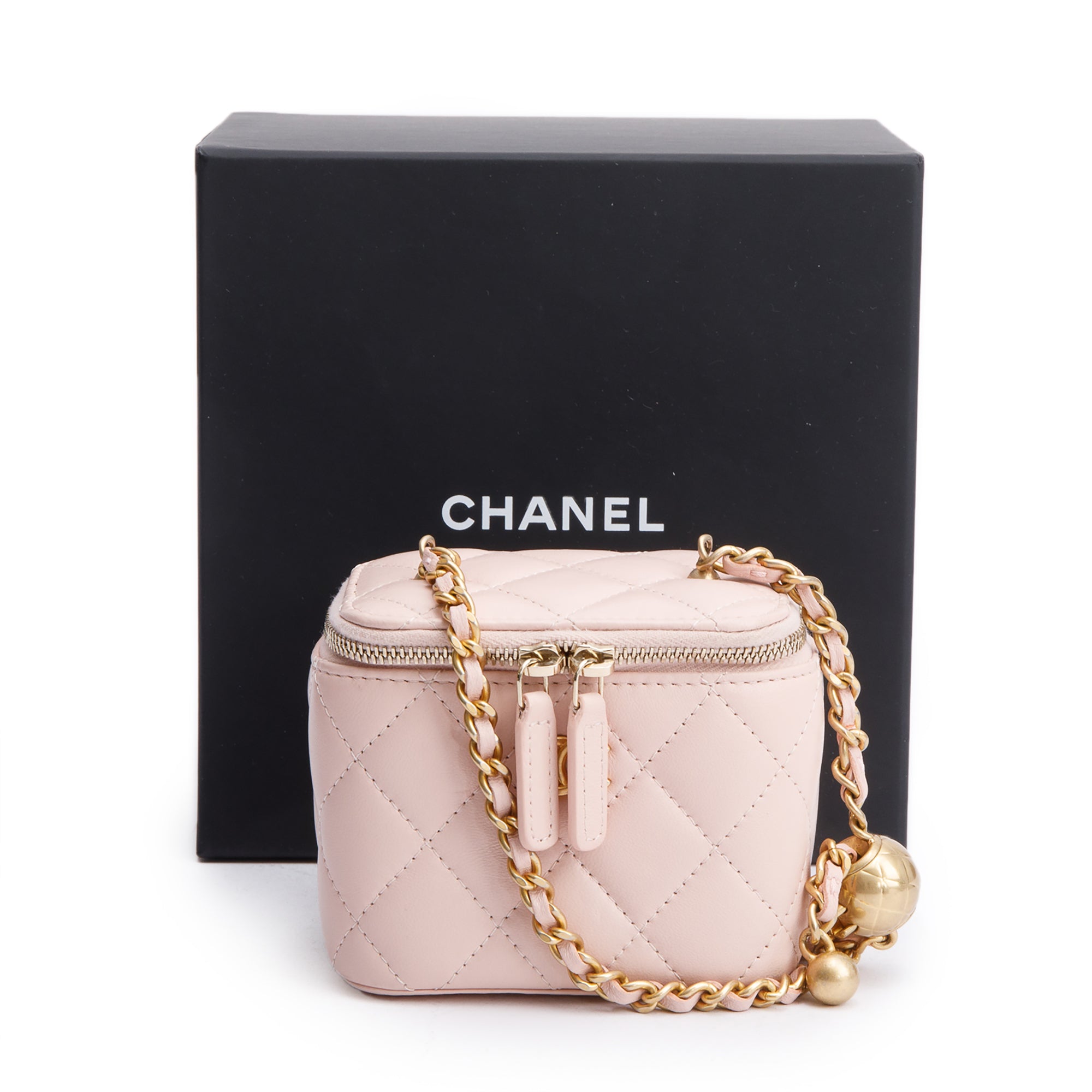 Chanel 2024 Pink Calfskin Leather Mini Pearl Crush Vanity Case w/ Box & Receipt