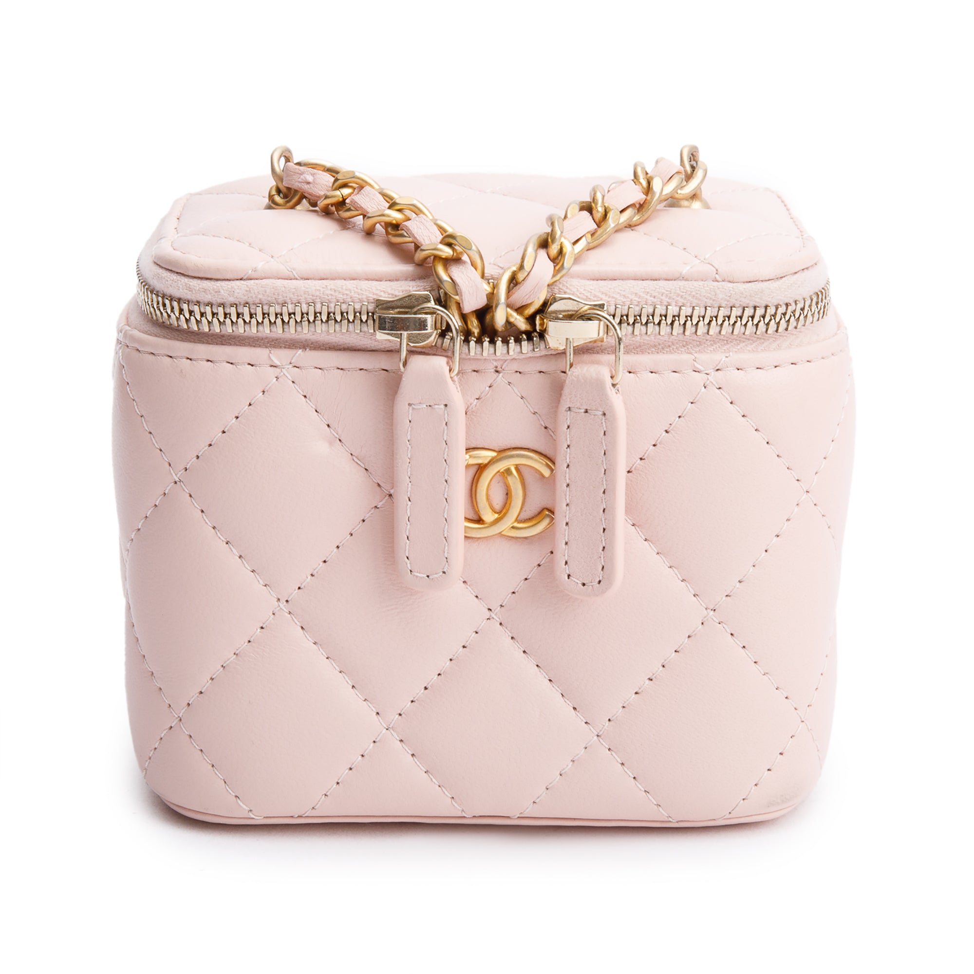 Chanel 2024 Pink Calfskin Leather Mini Pearl Crush Vanity Case w/ Box & Receipt