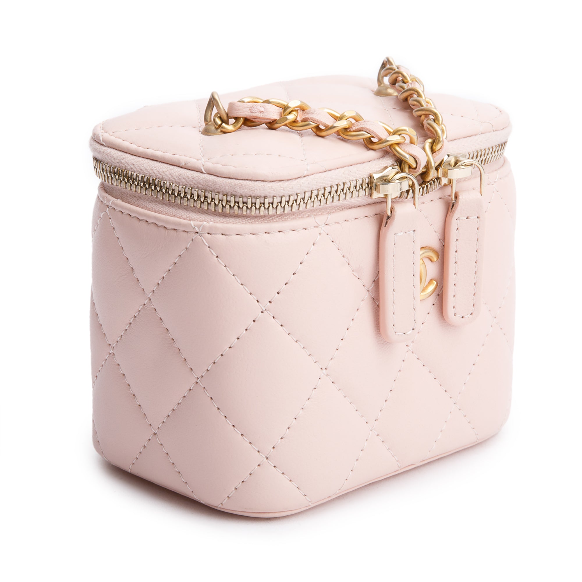 Chanel 2024 Pink Calfskin Leather Mini Pearl Crush Vanity Case w/ Box & Receipt