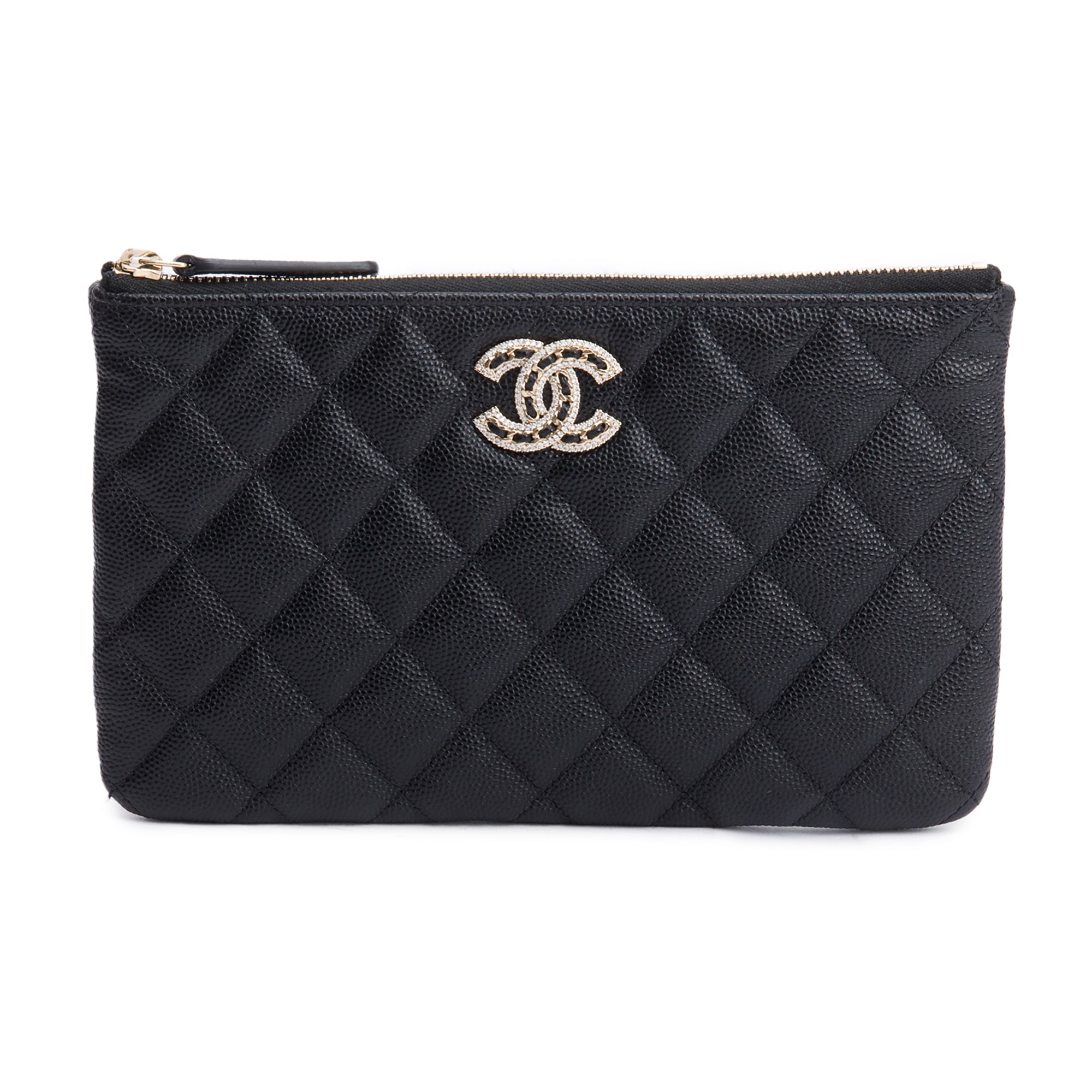 Chanel 2021 Black Quilted Caviar Leather Small O-Case Clutch w/ Box, Receipt & Authenticity Card