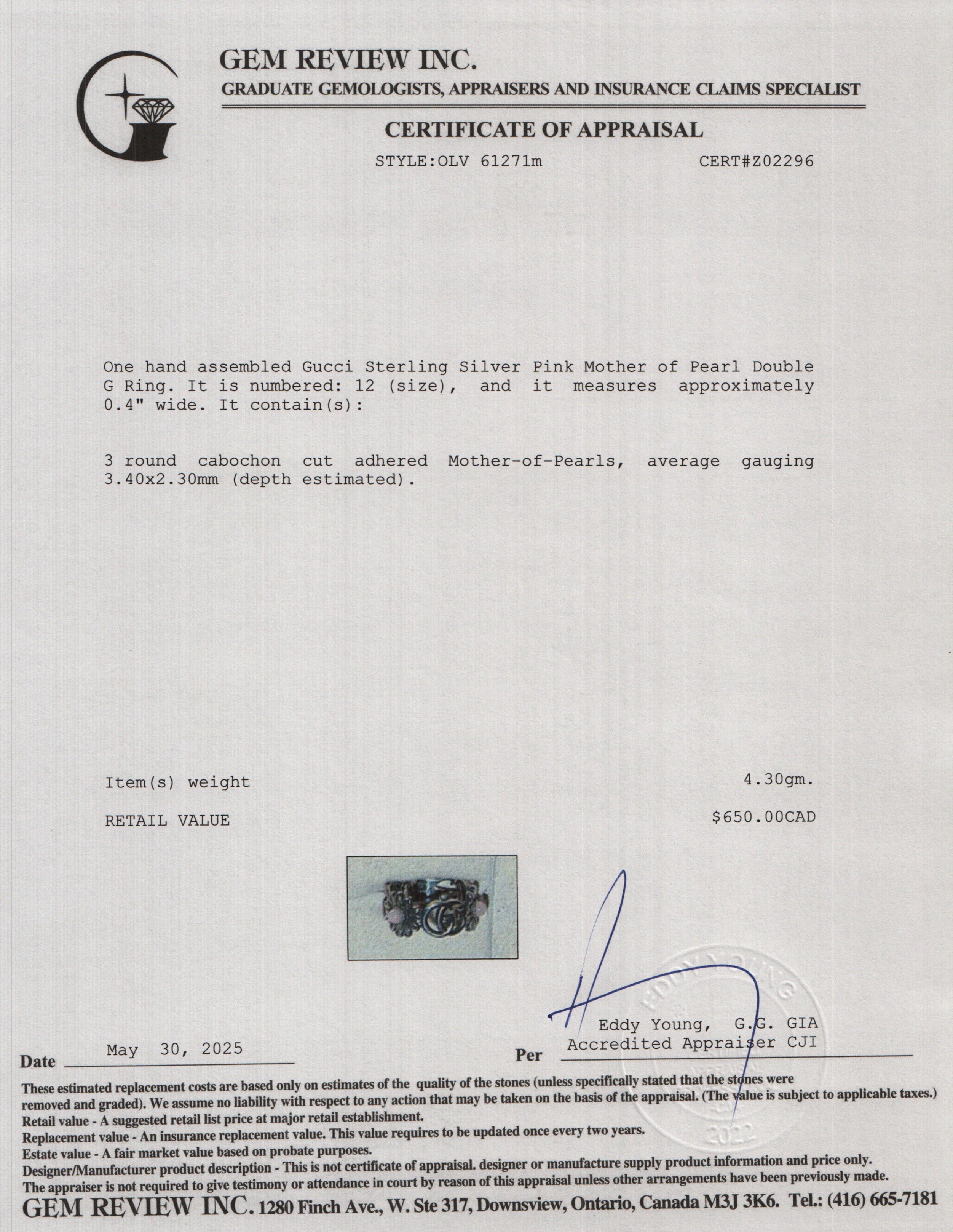 Gucci Sterling Silver Pink Mother of Pearl Double G Ring, Size 12 6