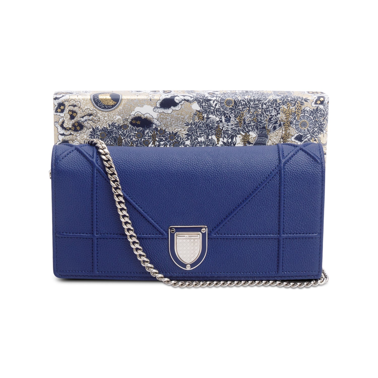 Christian Dior Blue Grained Calfskin Leather Diorama Croisiere Wallet on Chain w/ Box